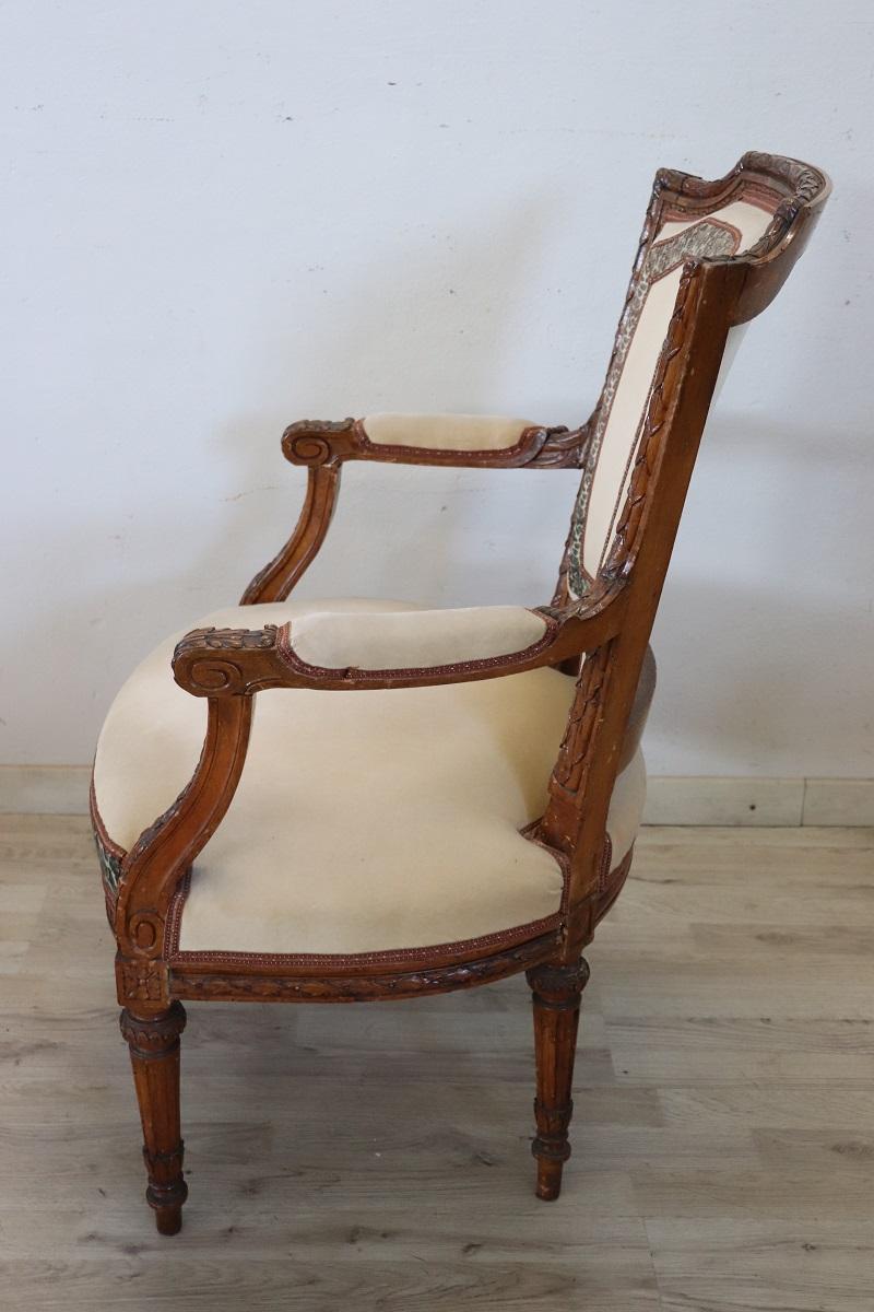 18th Century Italian Louis XVI Solid Carved Walnut Armchair  For Sale 5
