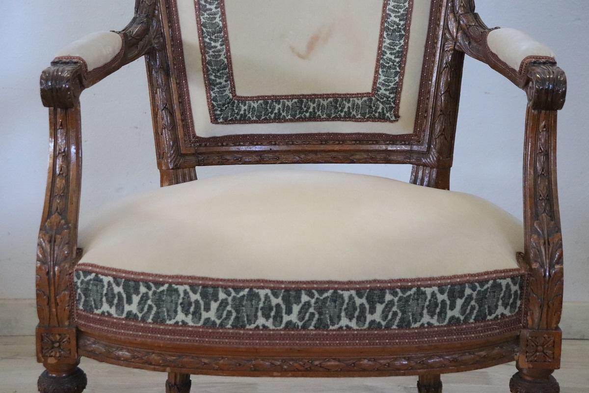 Hand-Carved 18th Century Italian Louis XVI Solid Carved Walnut Armchair  For Sale
