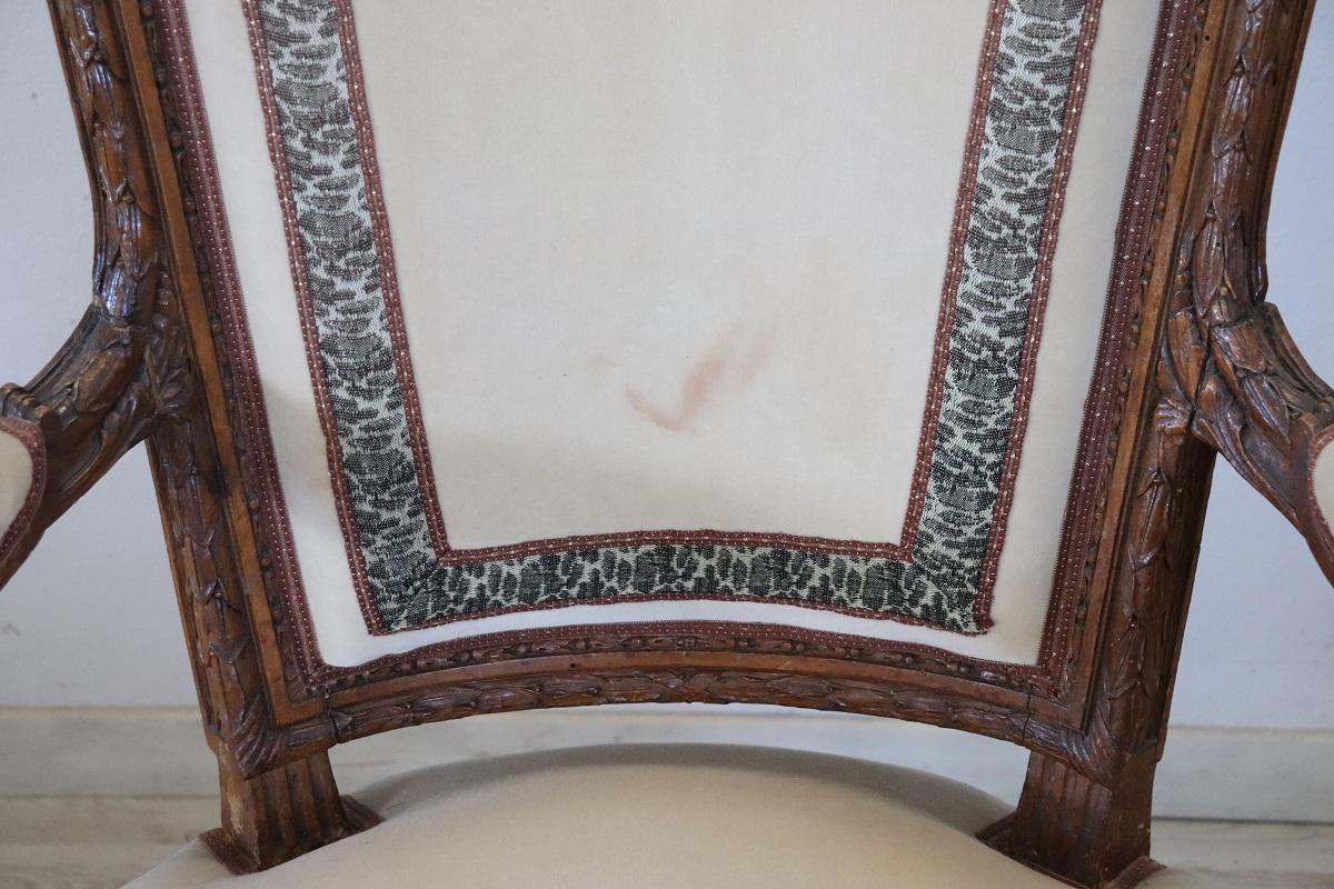 Late 18th Century 18th Century Italian Louis XVI Solid Carved Walnut Armchair  For Sale