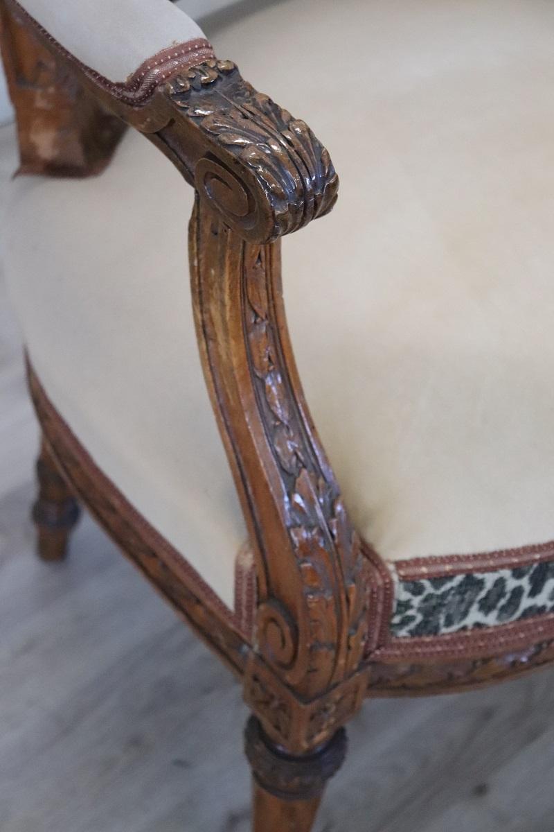18th Century Italian Louis XVI Solid Carved Walnut Armchair  For Sale 2