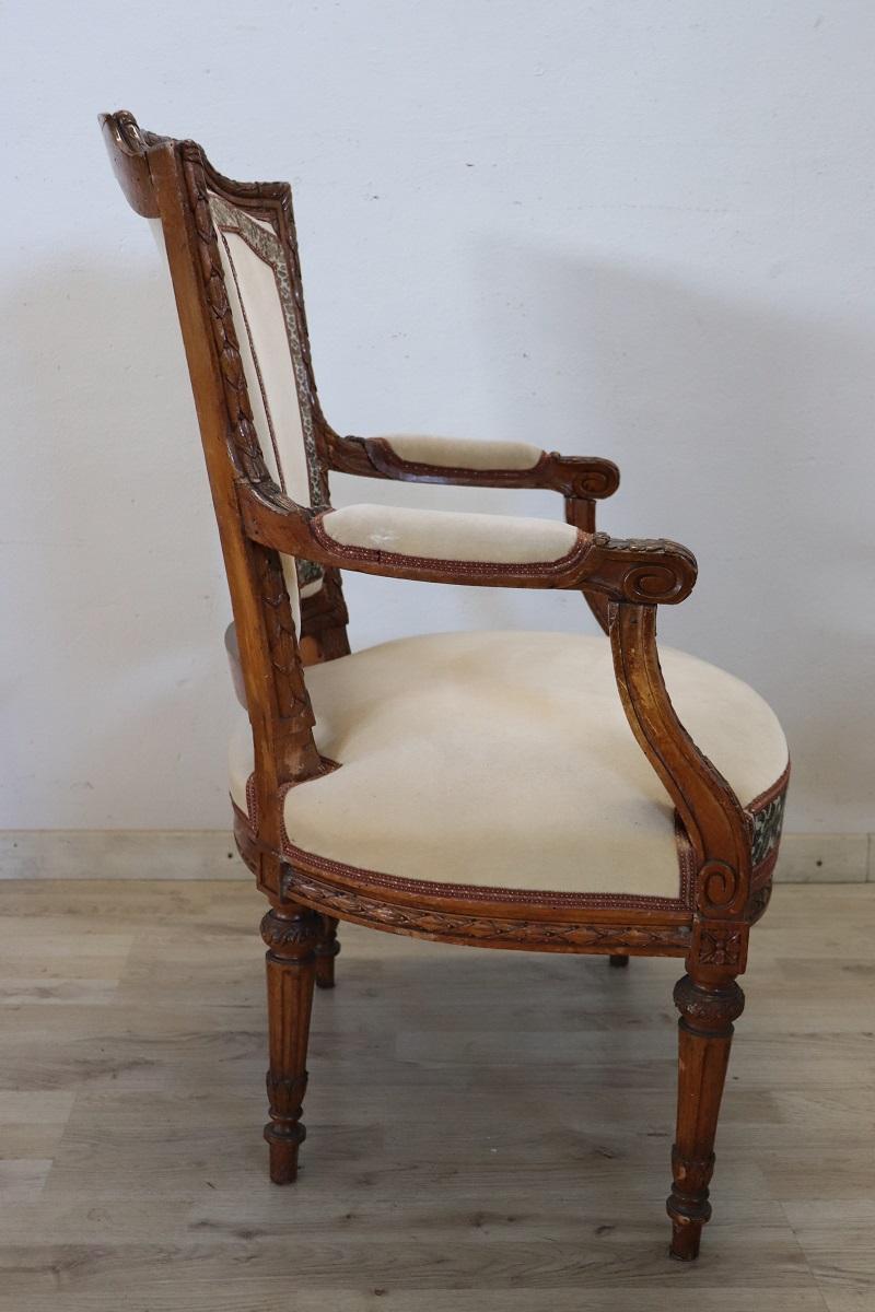 18th Century Italian Louis XVI Solid Carved Walnut Armchair  For Sale 3