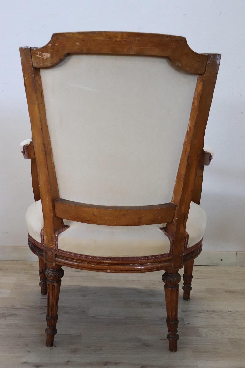 18th Century Italian Louis XVI Solid Carved Walnut Armchair  For Sale 4