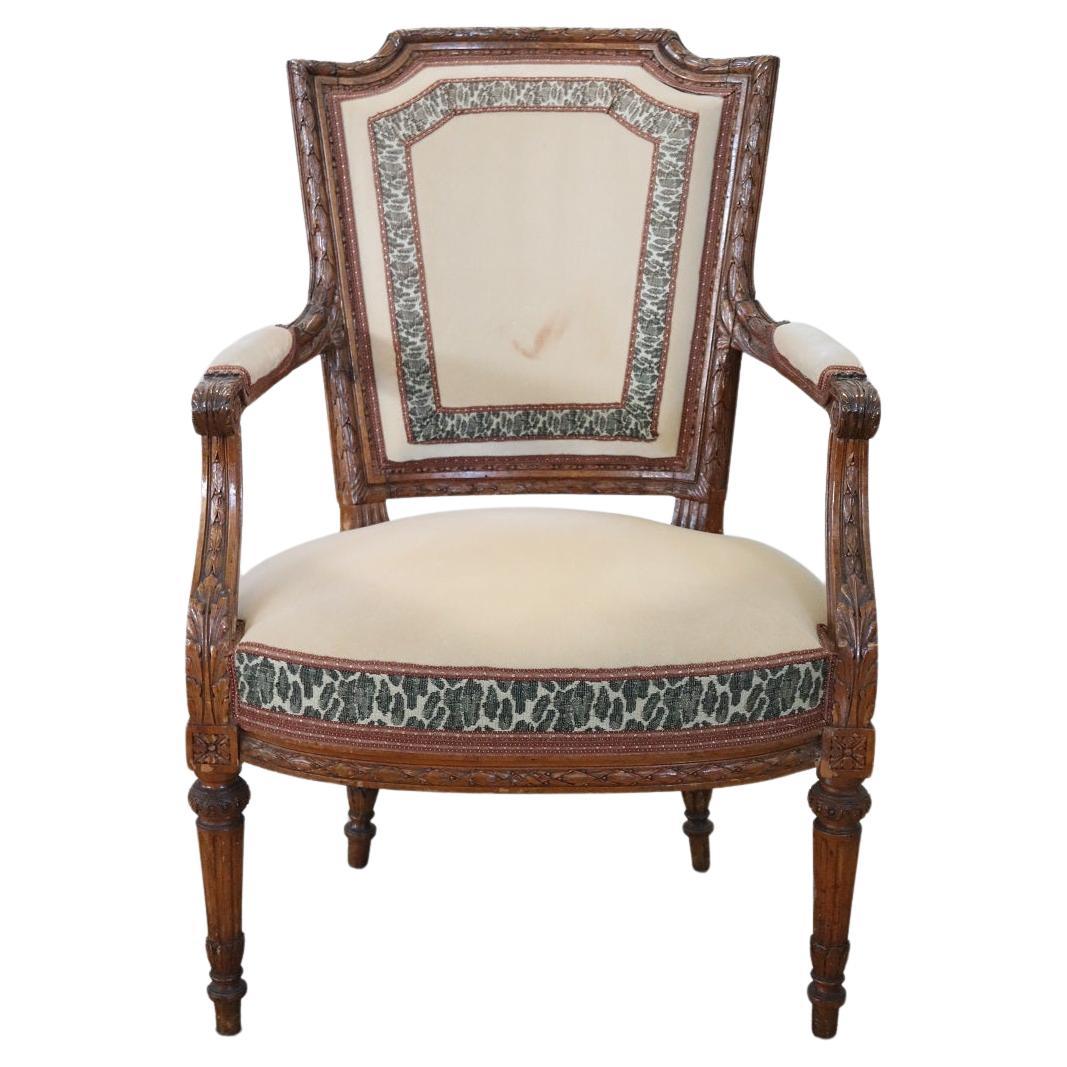 18th Century Italian Louis XVI Solid Carved Walnut Armchair  For Sale