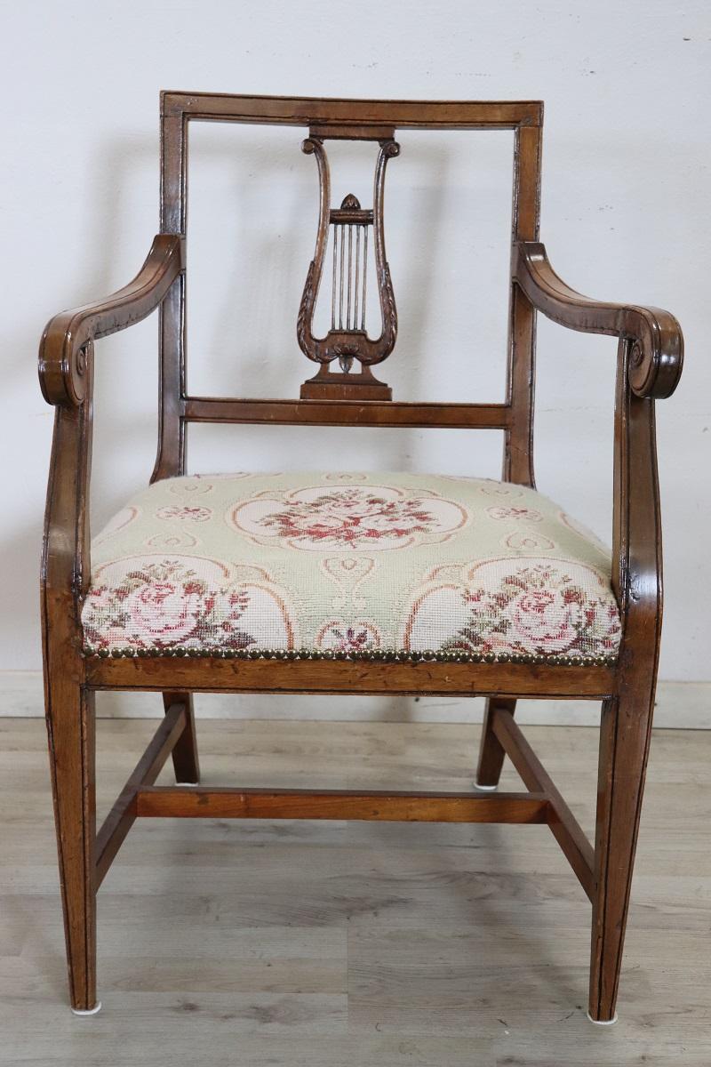 Mid-18th Century 18th Century Italian Louis XVI Solid Walnut Armchair  For Sale