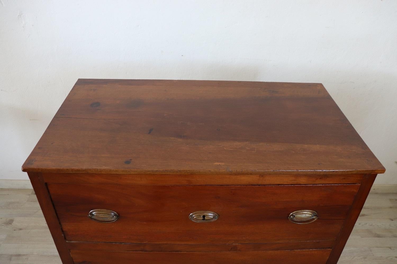 Rare and fine quality Italian Louis XVI 1780s small chest of drawers in solid walnut wood. On the front two comfortable large drawers. In good antique conditions. Beautiful slender legs. Due to its small size it is perfect for any room in the house.