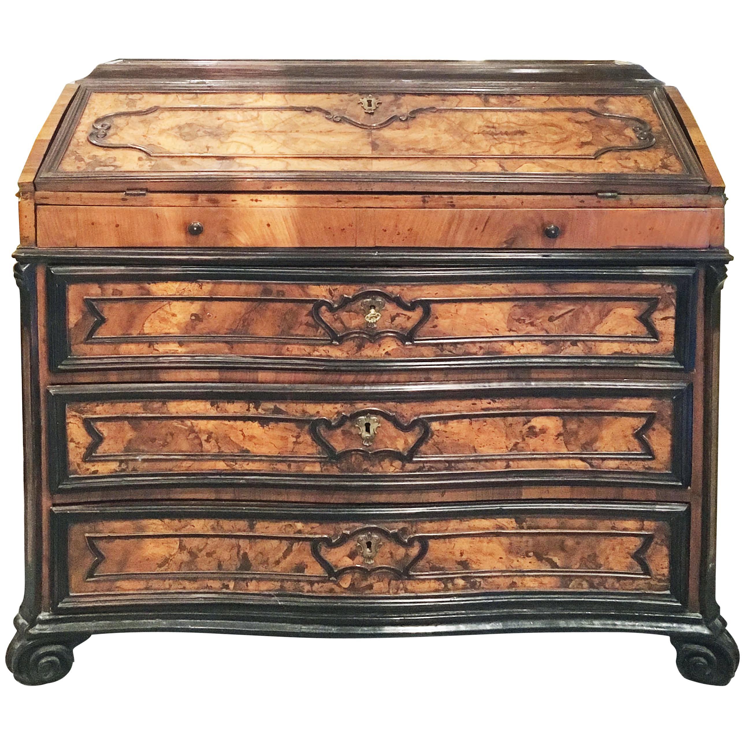 18th Century Italian Louis XVI Walnut Root, Solid and Ebonized Walnut Bureau For Sale