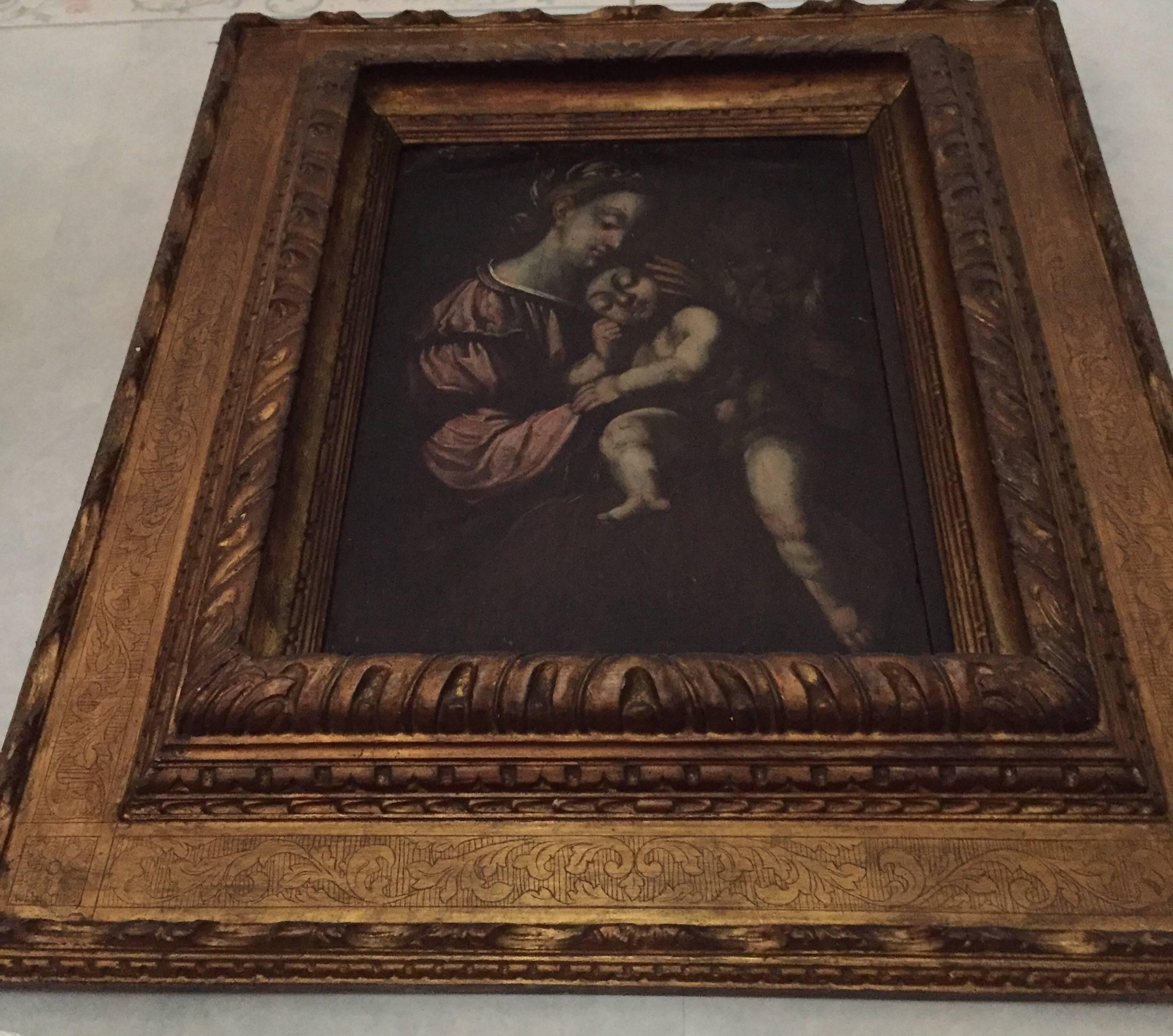 18th Century Italian Madonna with Child Religious Oil Painting on Wooden Panel  6