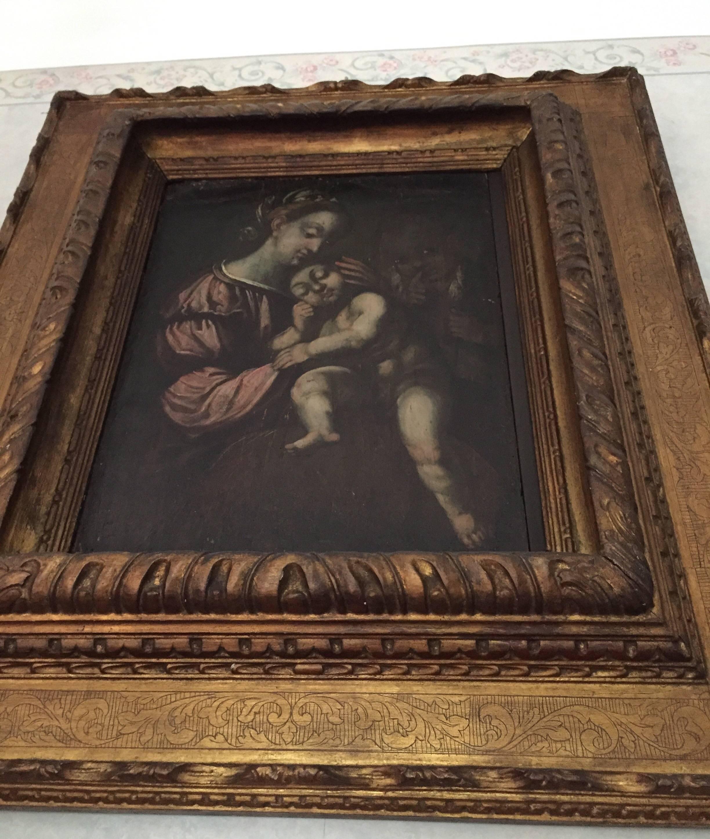 18th Century Italian Madonna with Child Religious Oil Painting on Wooden Panel  7