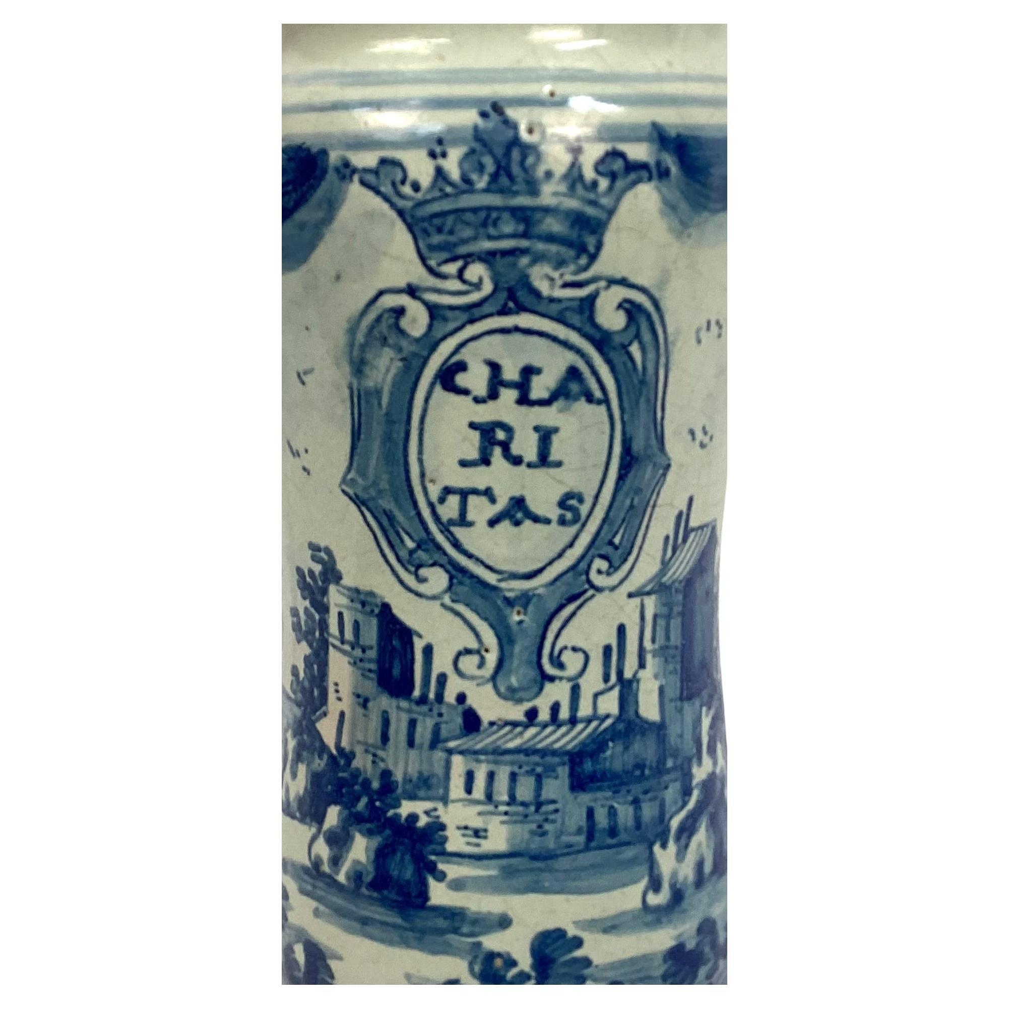 Renaissance 18th Century Italian Maiolica Blue and White Alborello Pharmacy Jar #1 For Sale