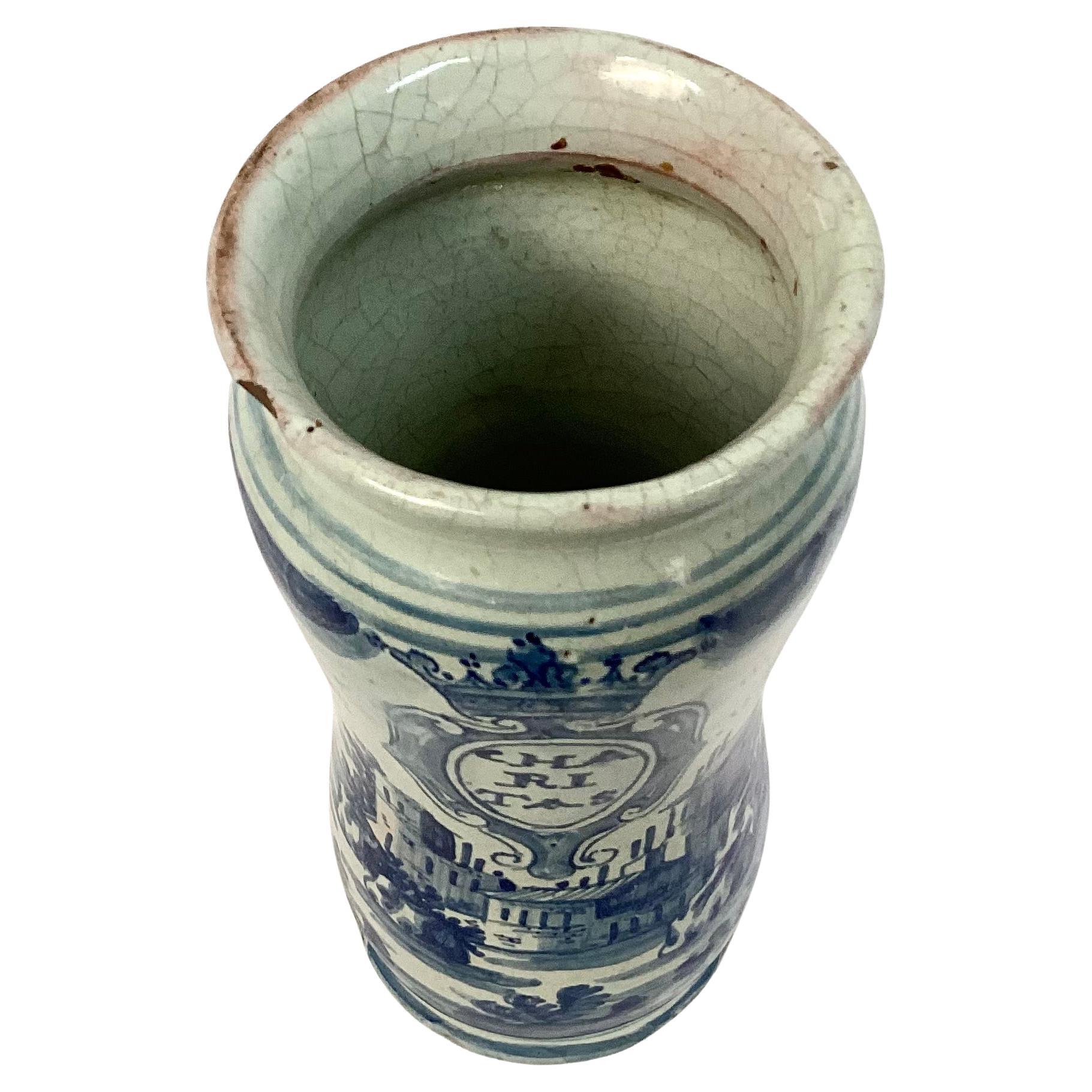 18th Century Italian Maiolica Blue and White Alborello Pharmacy Jar #1 In Good Condition For Sale In Bradenton, FL