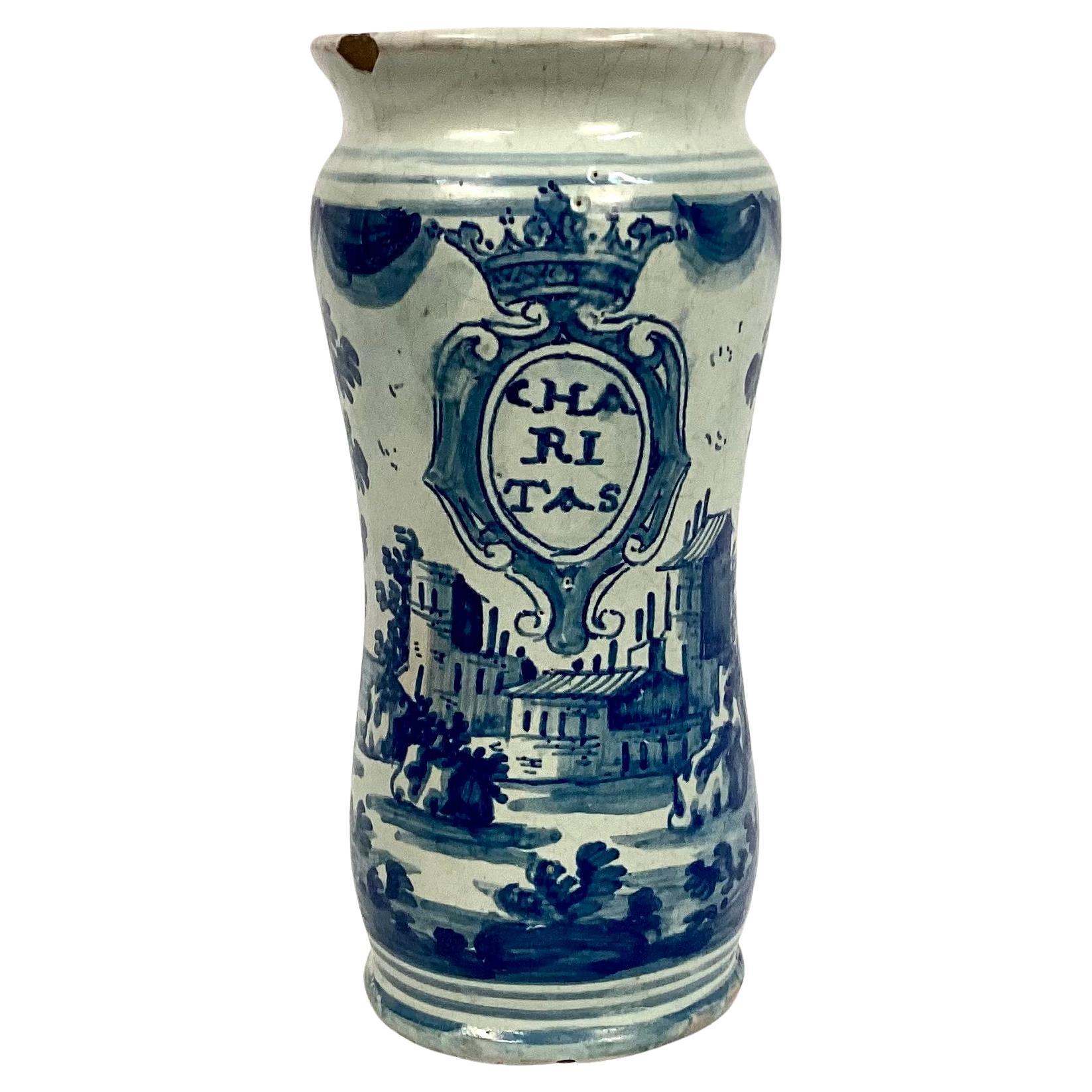 18th Century Italian Maiolica Blue and White Alborello Pharmacy Jar #1 For Sale 1