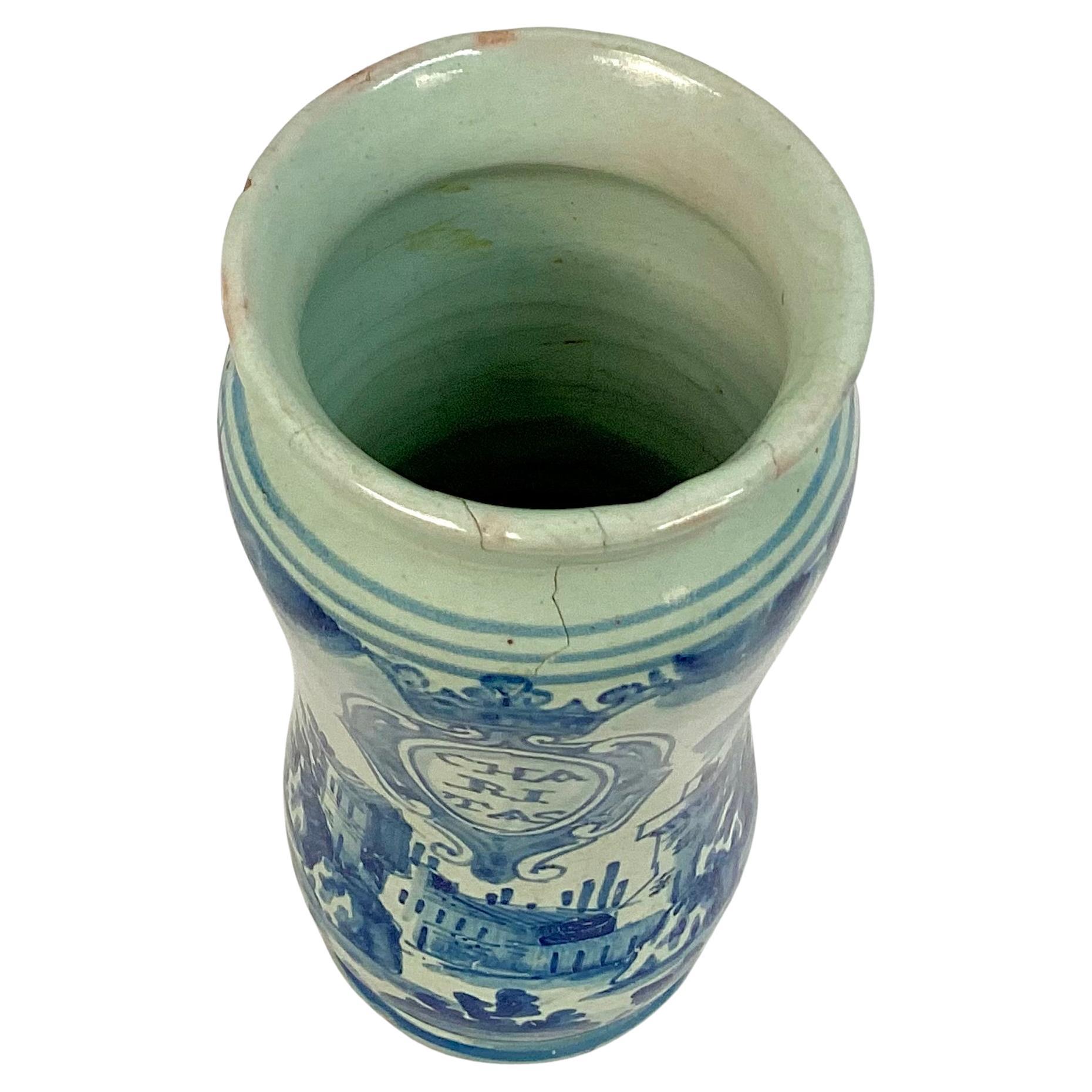 18th Century Italian Maiolica Blue and White Alborello Pharmacy Jar #2 In Good Condition For Sale In Bradenton, FL