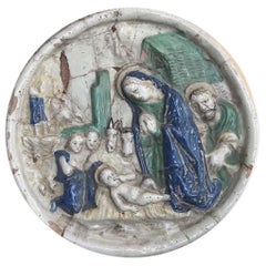 18th Century Italian Maiolica Madonna with Child Nativity Relief Wall Plaque