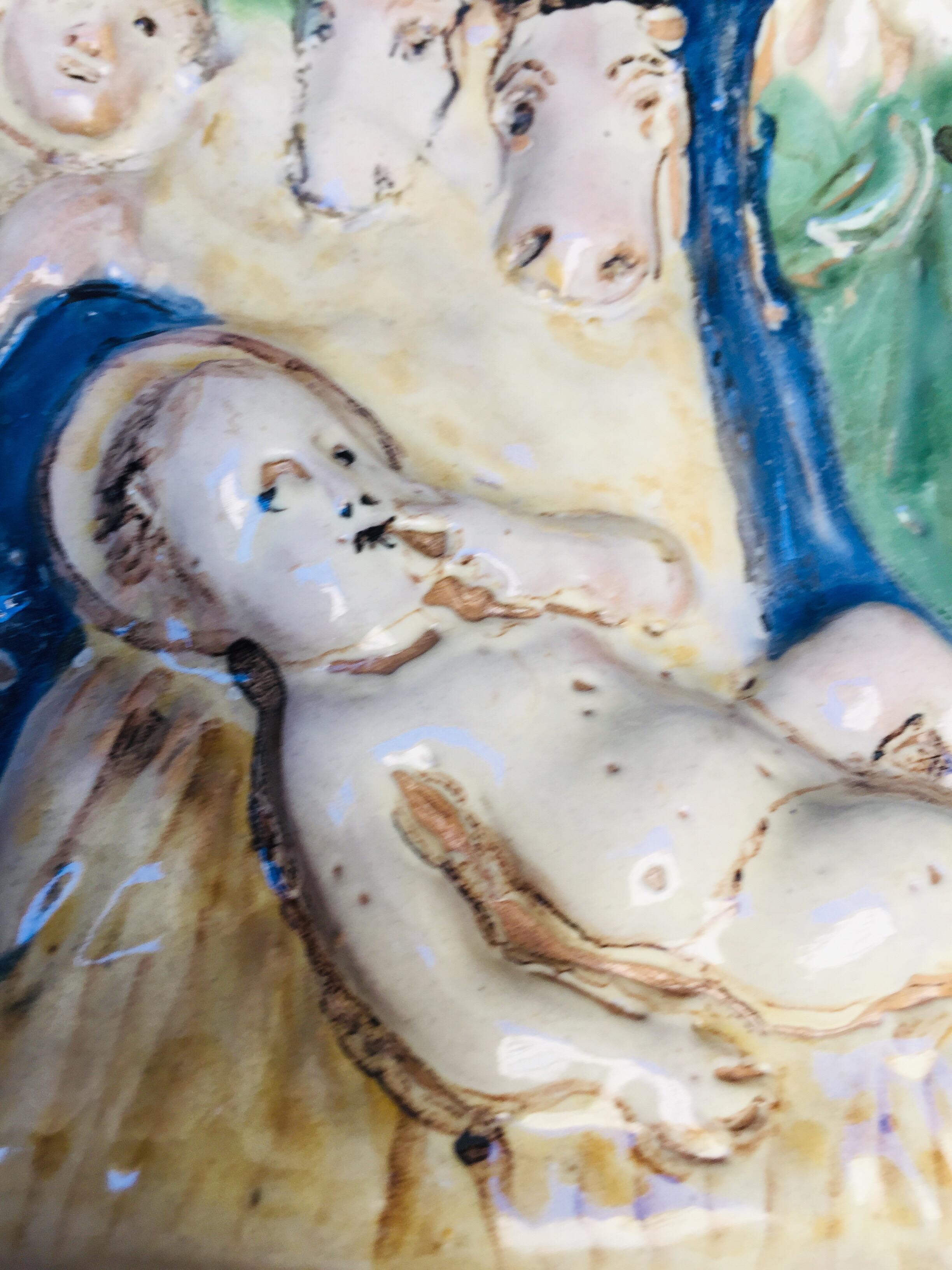 Baroque 18th Century Italian Maiolica Madonna with Child Nativity Relief Wall Plaque