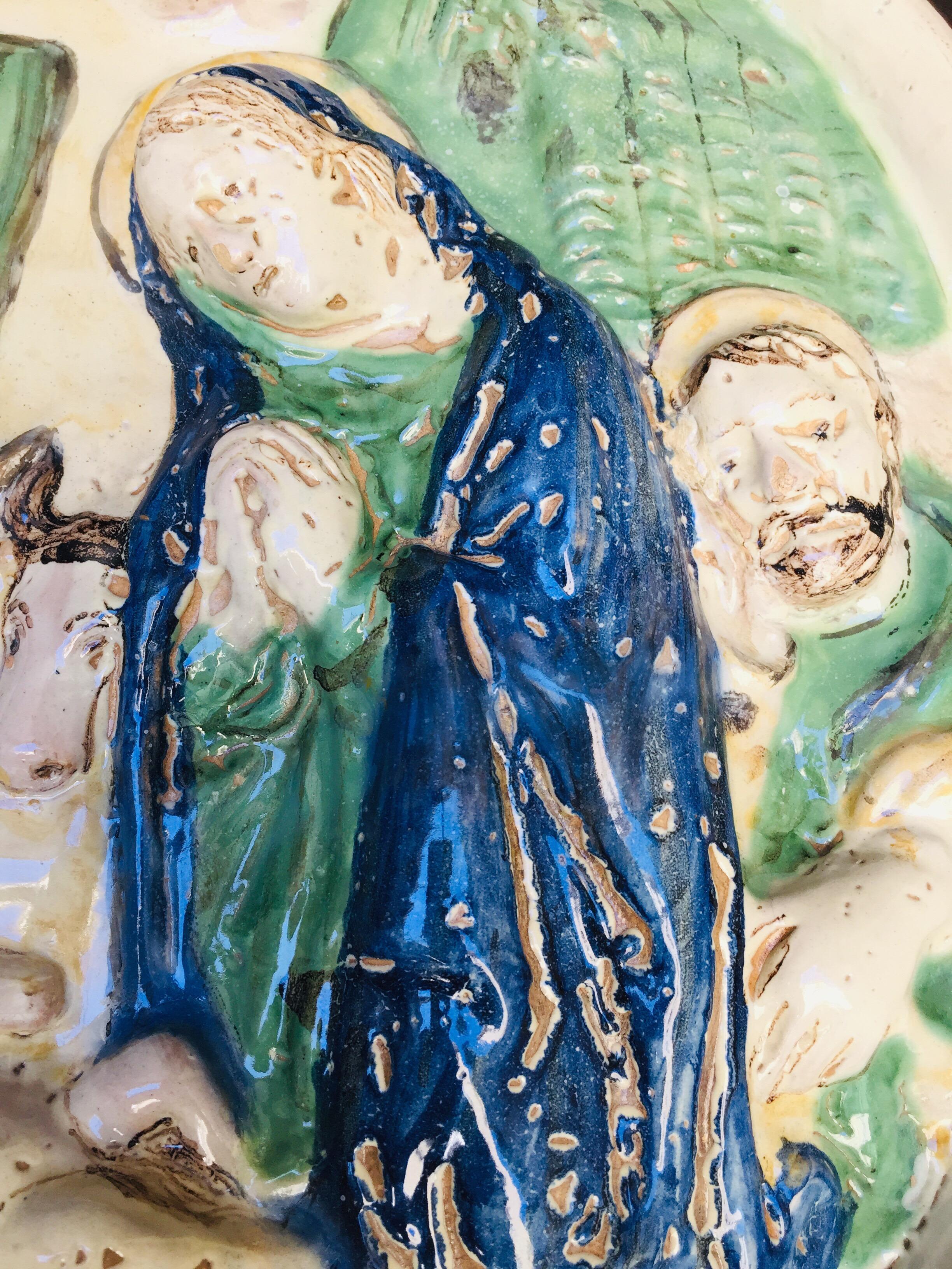 Hand-Painted 18th Century Italian Maiolica Madonna with Child Nativity Relief Wall Plaque
