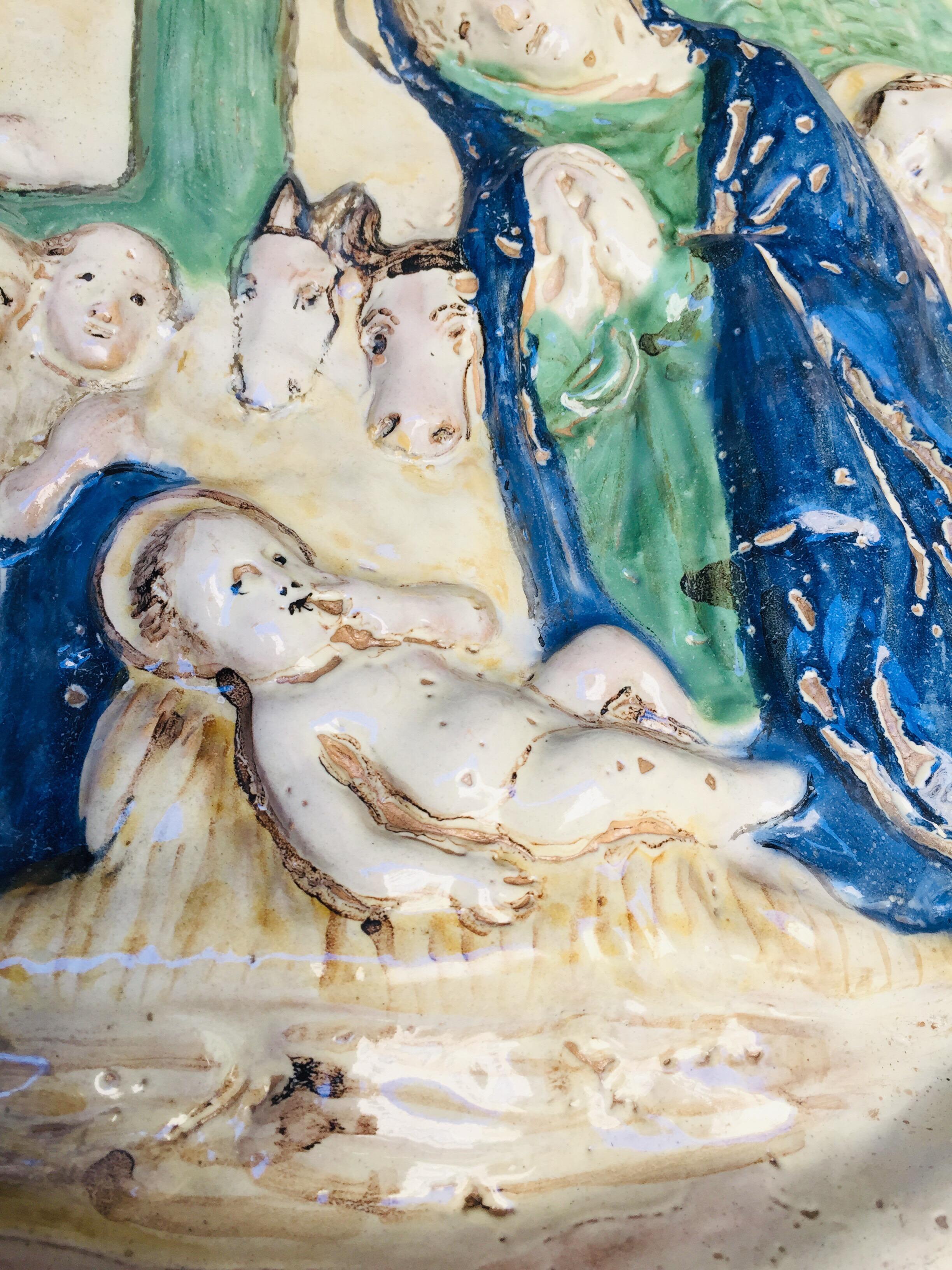 18th Century Italian Maiolica Madonna with Child Nativity Relief Wall Plaque In Good Condition In Milan, IT