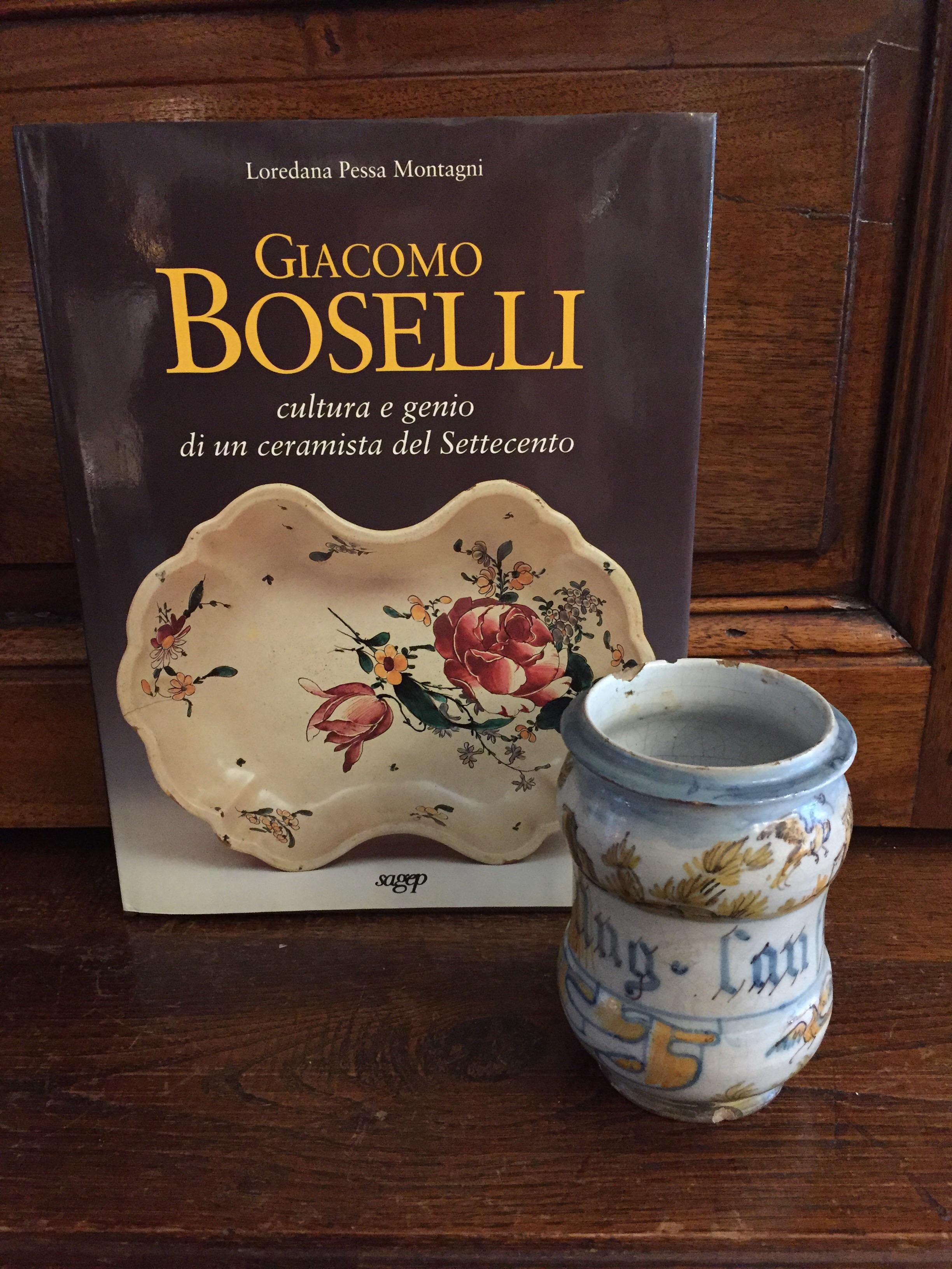Ein neoklassischer, polychrom verzierter Drogenkrug oder Albarello aus dem späten 18. Jahrhundert, signiert von dem italienischen Künstler Boselli Giacomo aus Savona (1744-1808), eine seltene blaue, gelbe und polychrome Majolika-Vase für
