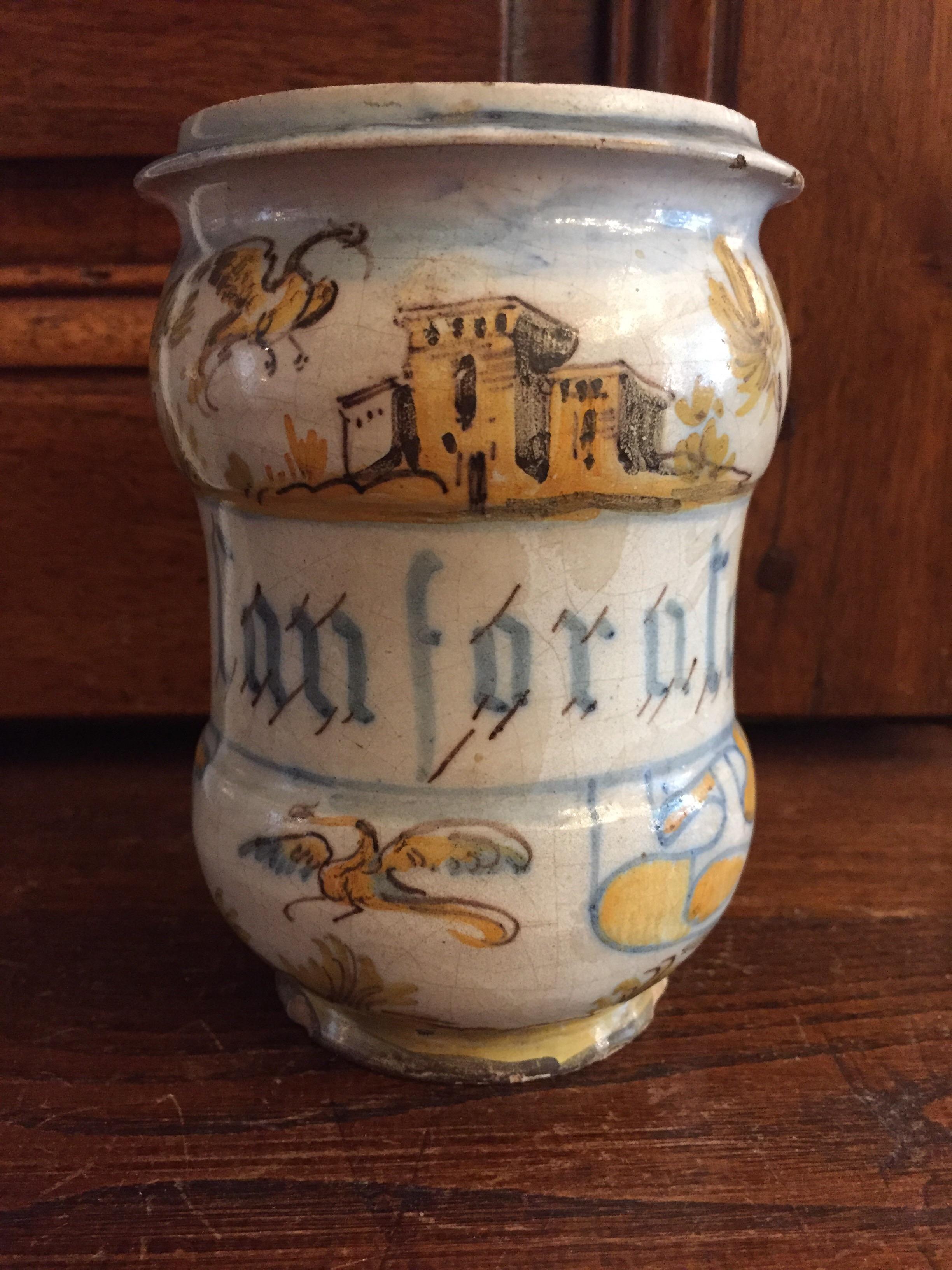 Italienisches Majolika-Abriello- Drogenglas von Jacques Boselly aus dem 18. Jahrhundert (Neoklassisch) im Angebot