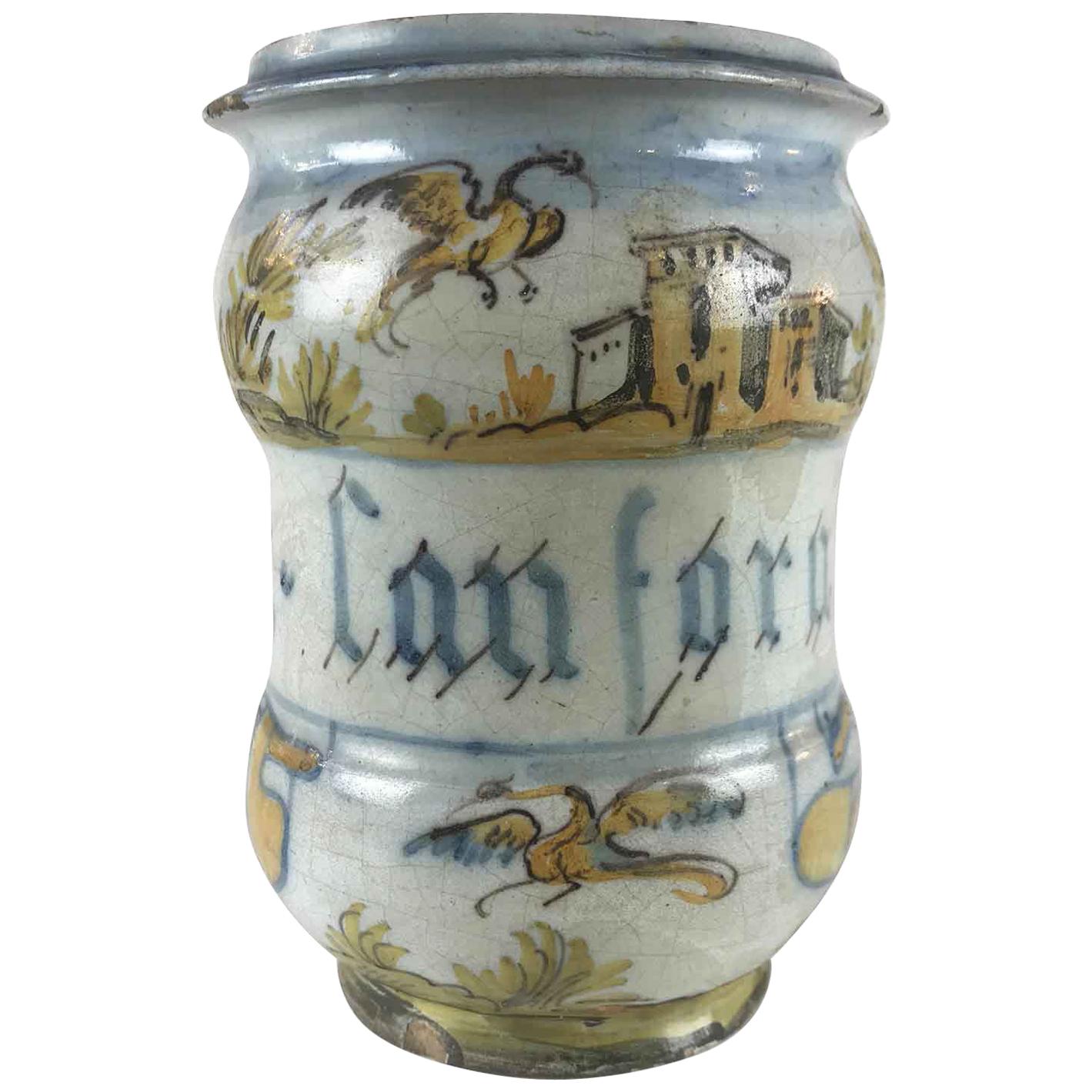 18th Century Italian Majolica Albarello Drug Jar by Jacques Boselly For Sale