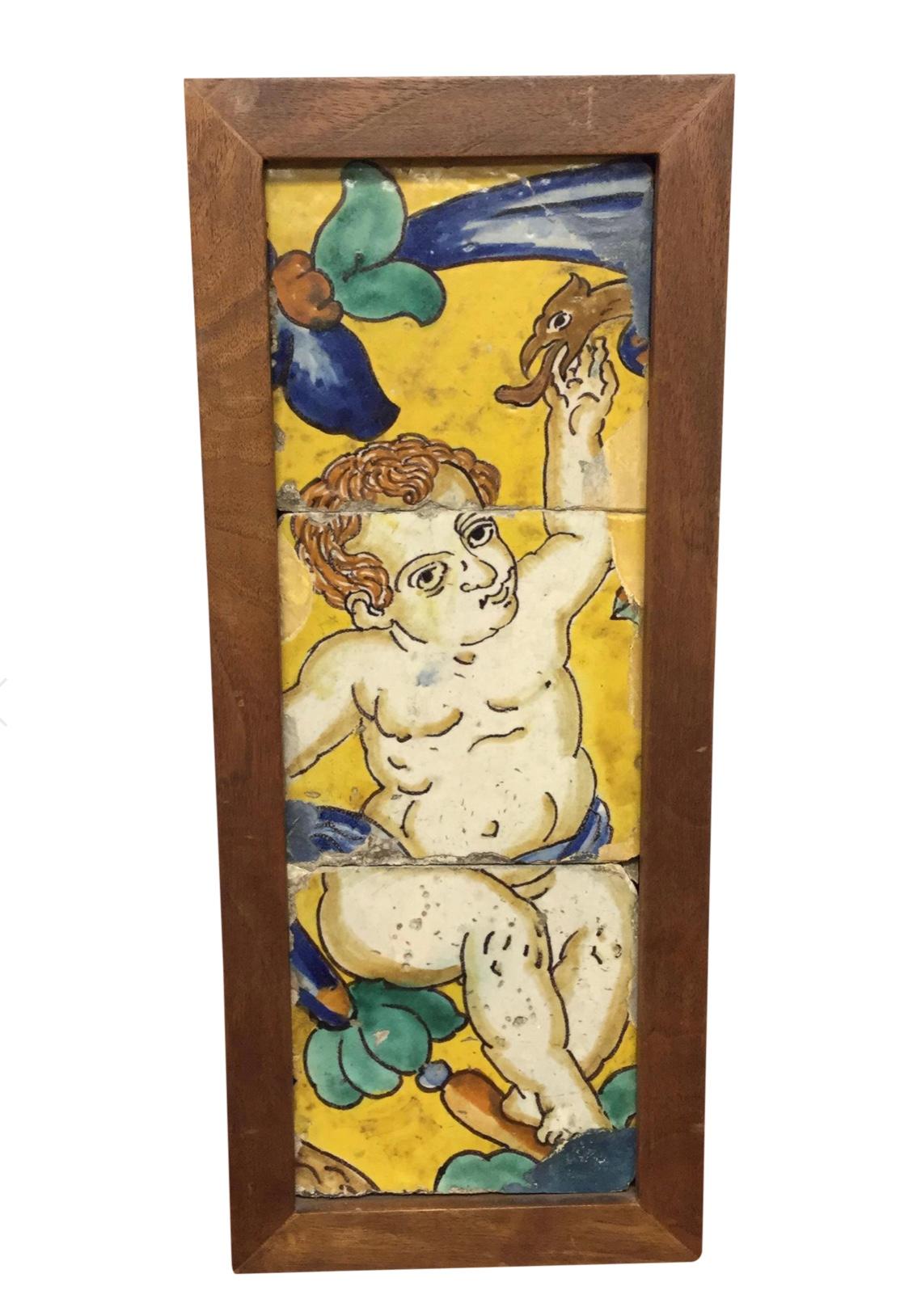 18th Century Italian Majolica Faience Pottery Putto Framed Tiles For Sale 5