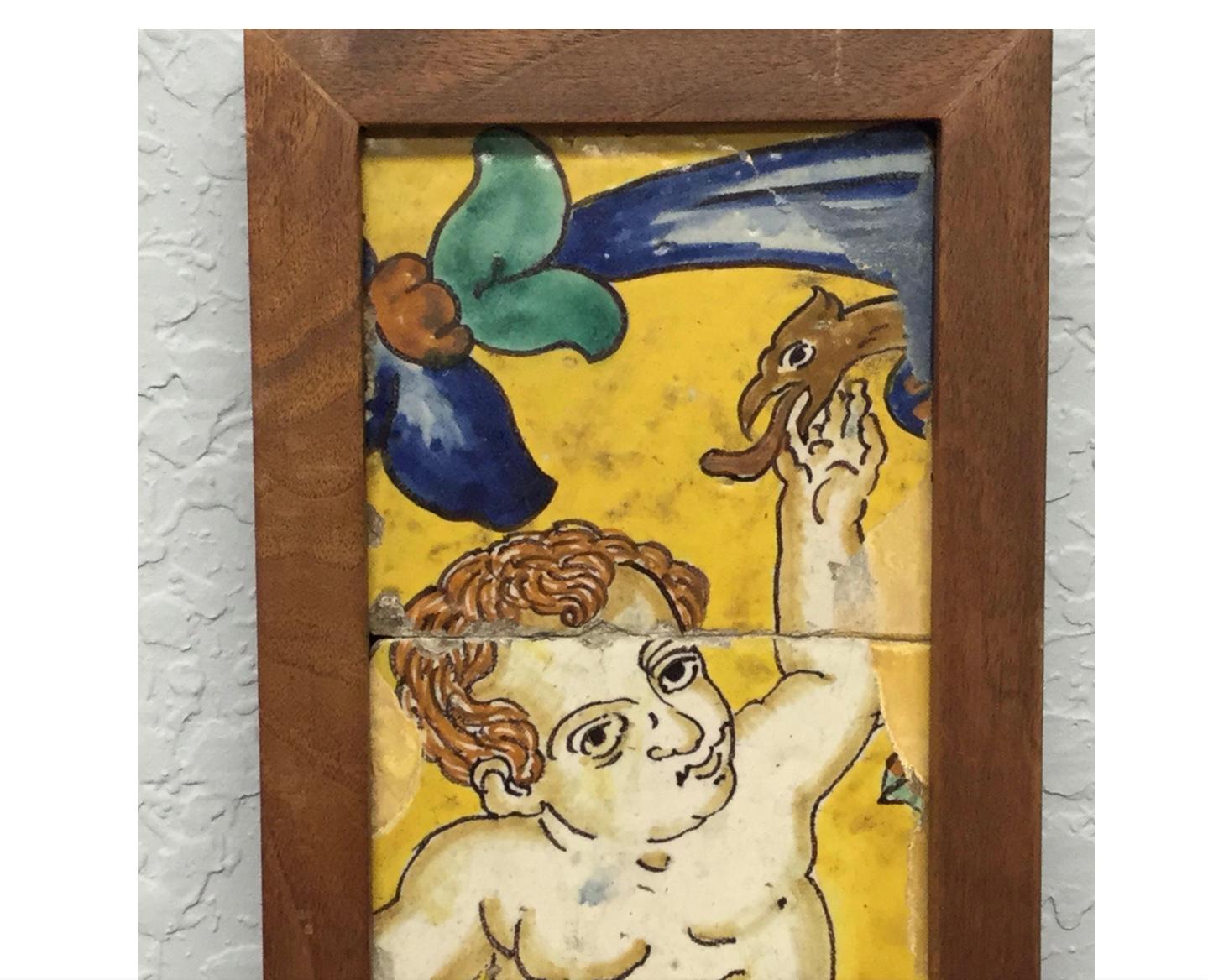 18th Century Italian Majolica Faience Pottery Putto Framed Tiles In Good Condition For Sale In Bradenton, FL