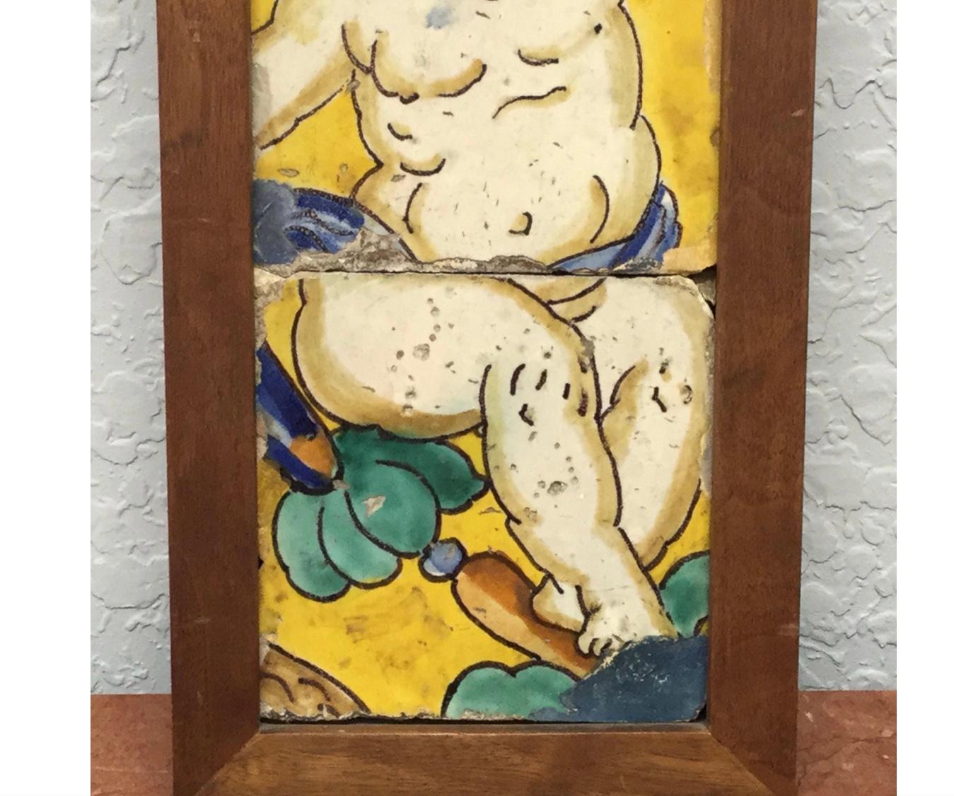 18th Century and Earlier 18th Century Italian Majolica Faience Pottery Putto Framed Tiles For Sale