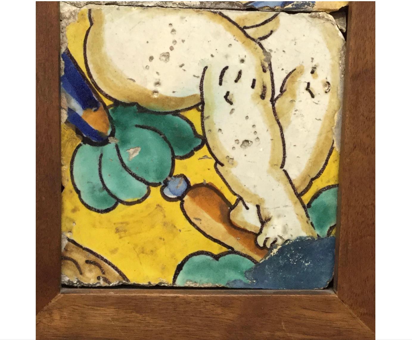 18th Century Italian Majolica Faience Pottery Putto Framed Tiles For Sale 2