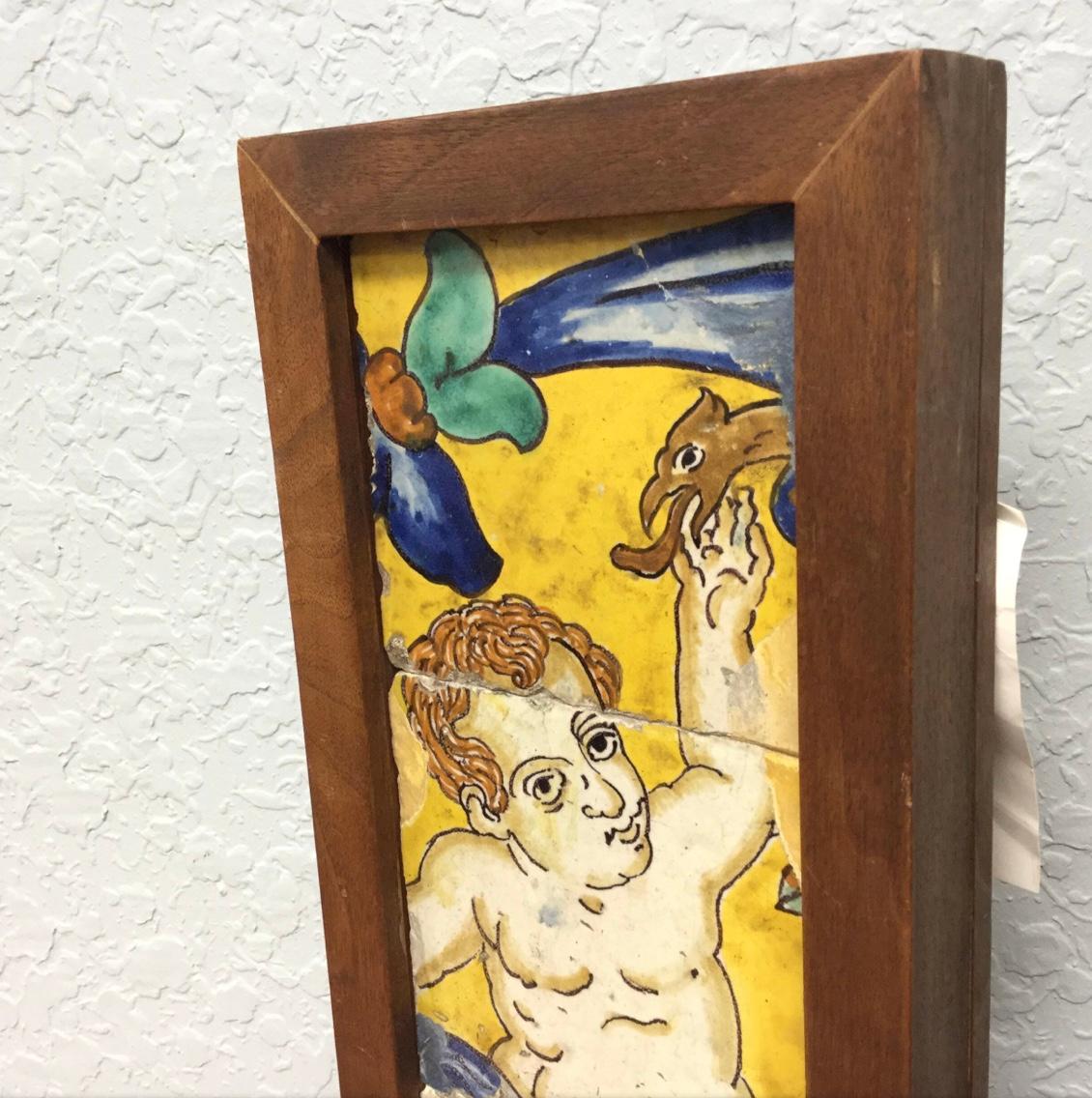 18th Century Italian Majolica Faience Pottery Putto Framed Tiles For Sale 3
