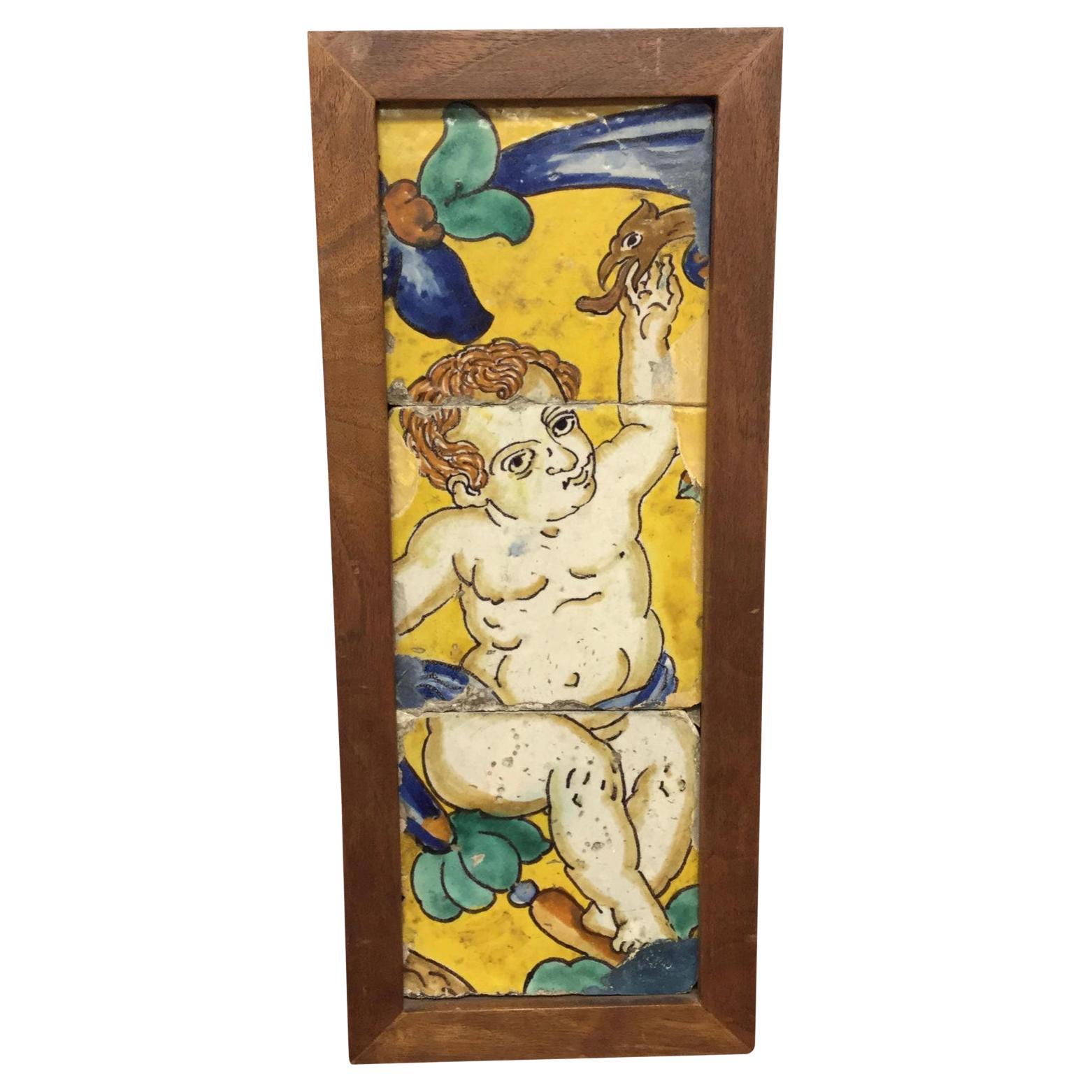 18th Century Italian Majolica Faience Pottery Putto Framed Tiles For Sale