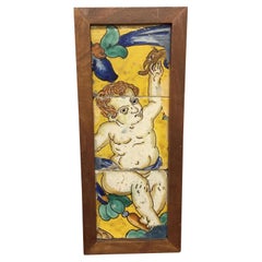 Antique 18th Century Italian Majolica Faience Pottery Putto Framed Tiles