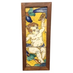 Italienische Majolika-Fayence-Keramik des 18. Jahrhunderts Putto gerahmte Fliesen