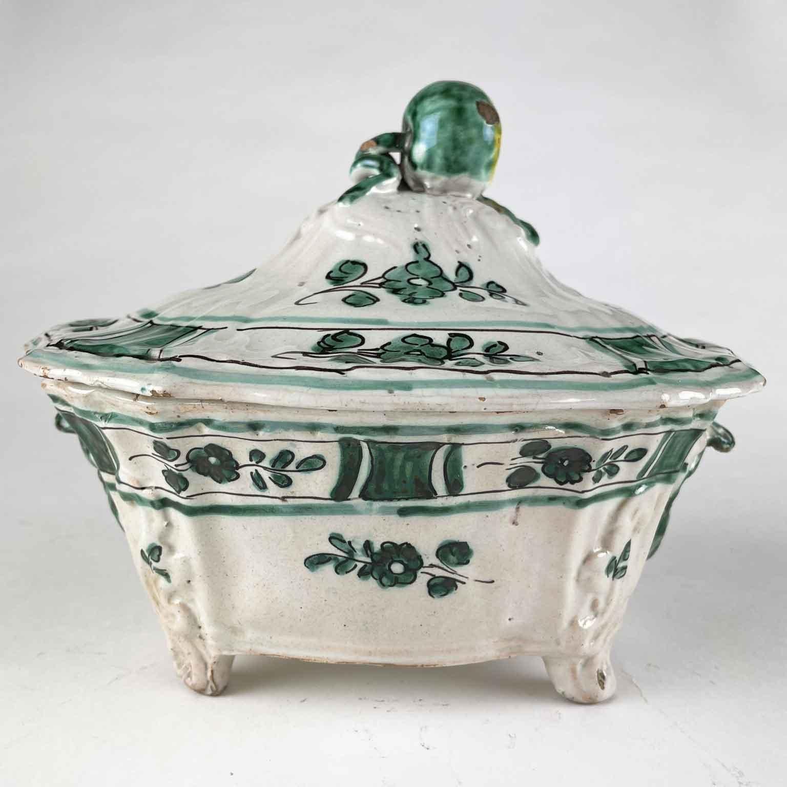 Hand-Painted 18th Century Italian Majolica Tureen with Cover by Cerreto Sannita Manufacture
