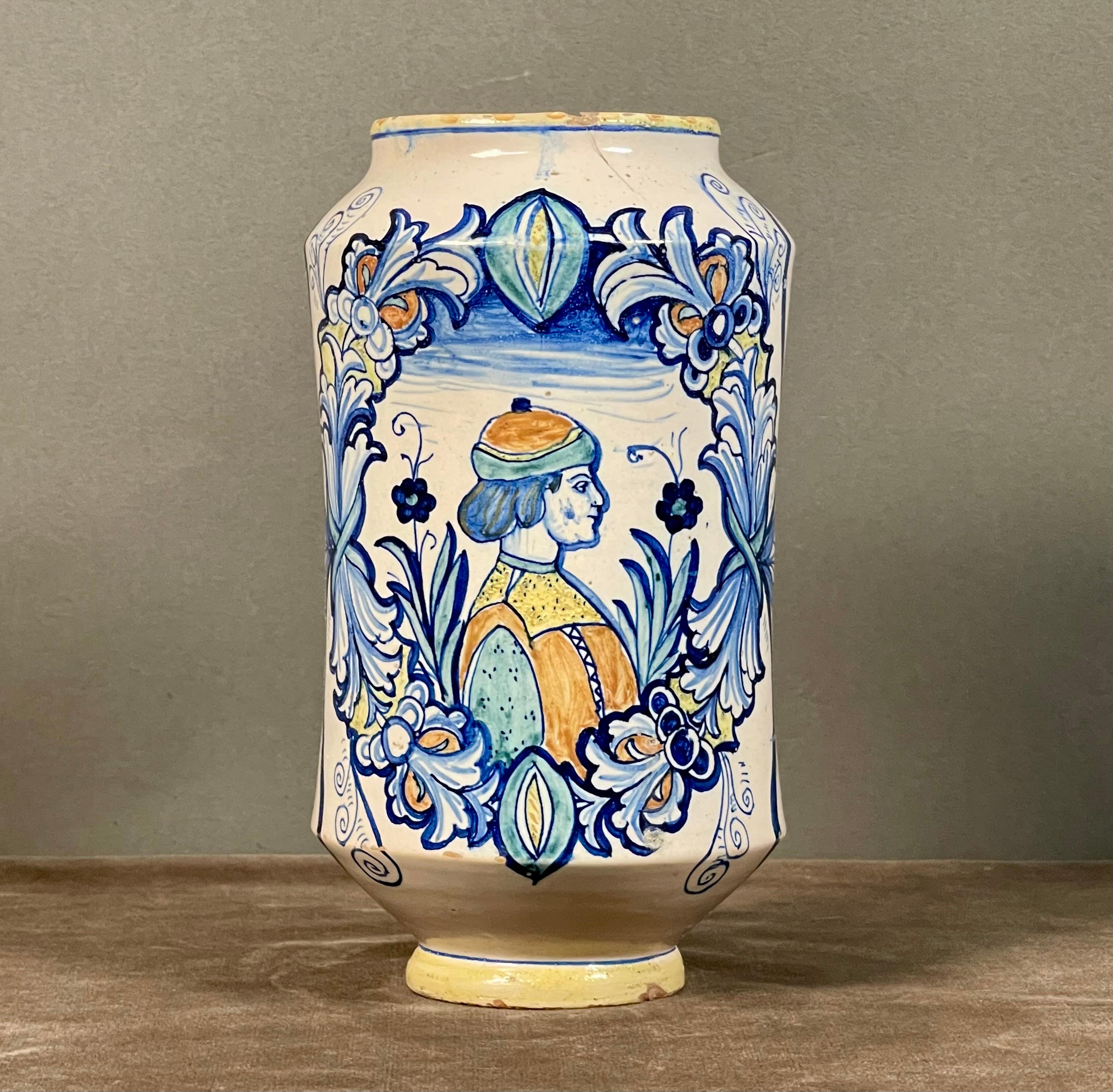 Antique Savona Ceramic Albarello, 18th Century
Beautiful polychrome painted majolica tree, cylindrical body with rounded shoulders from which rises a small flared neck with a cut rim. 
Low, slightly flared foot on a rounded base.
The decoration,