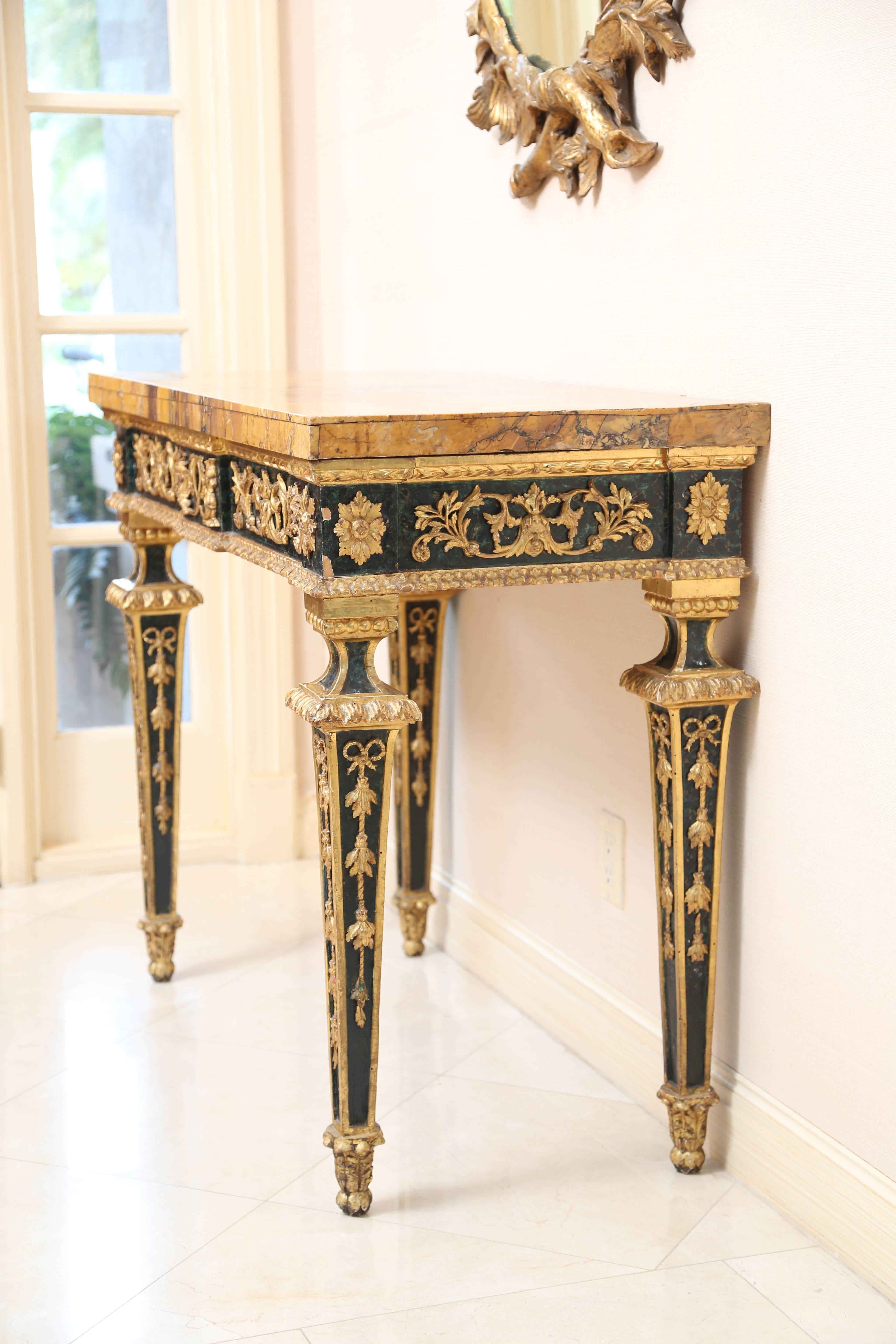 Neoclassical 18th Century Italian Marble-Top Gilt and Polychrome Console Table