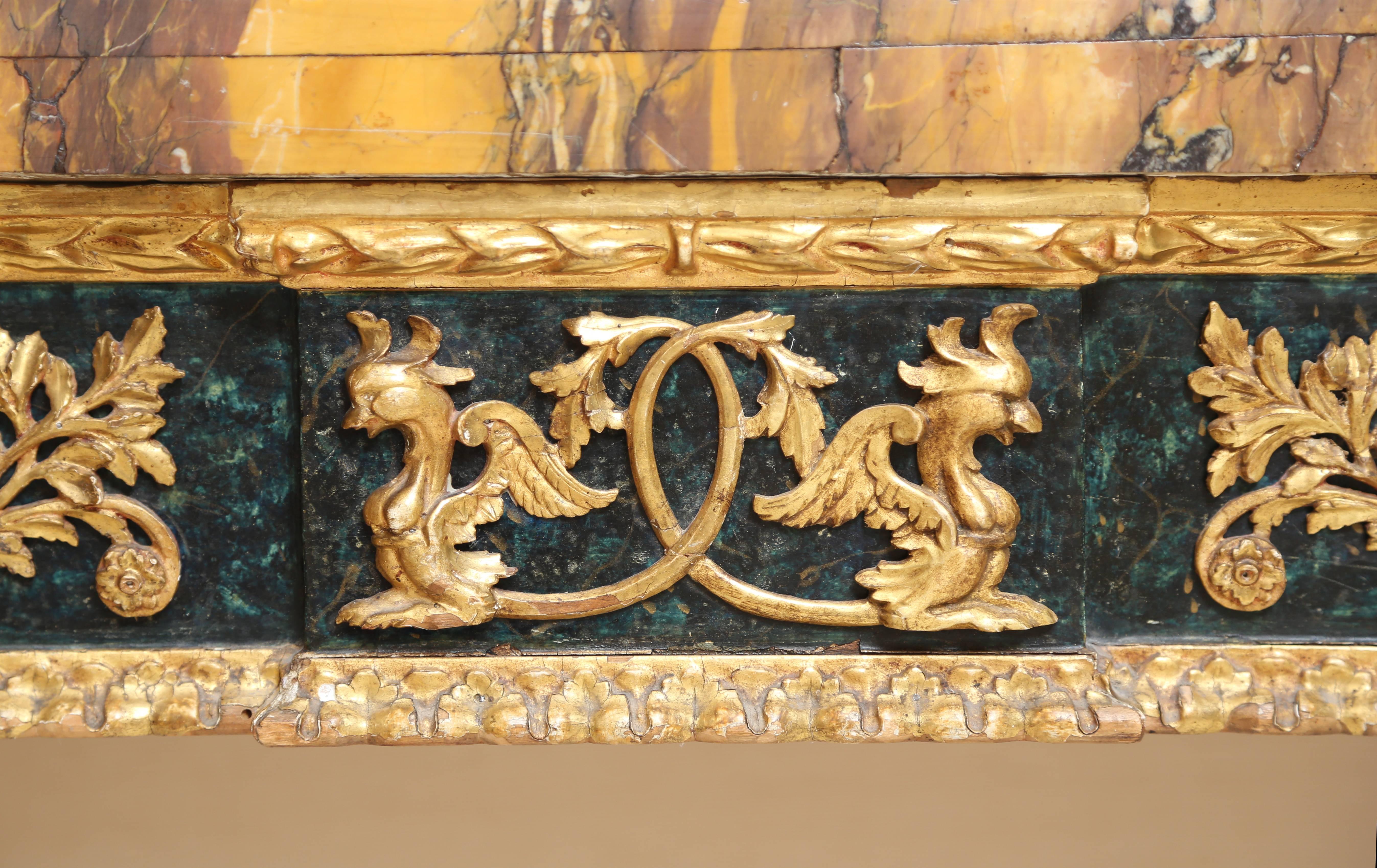 Late 18th Century 18th Century Italian Marble-Top Gilt and Polychrome Console Table