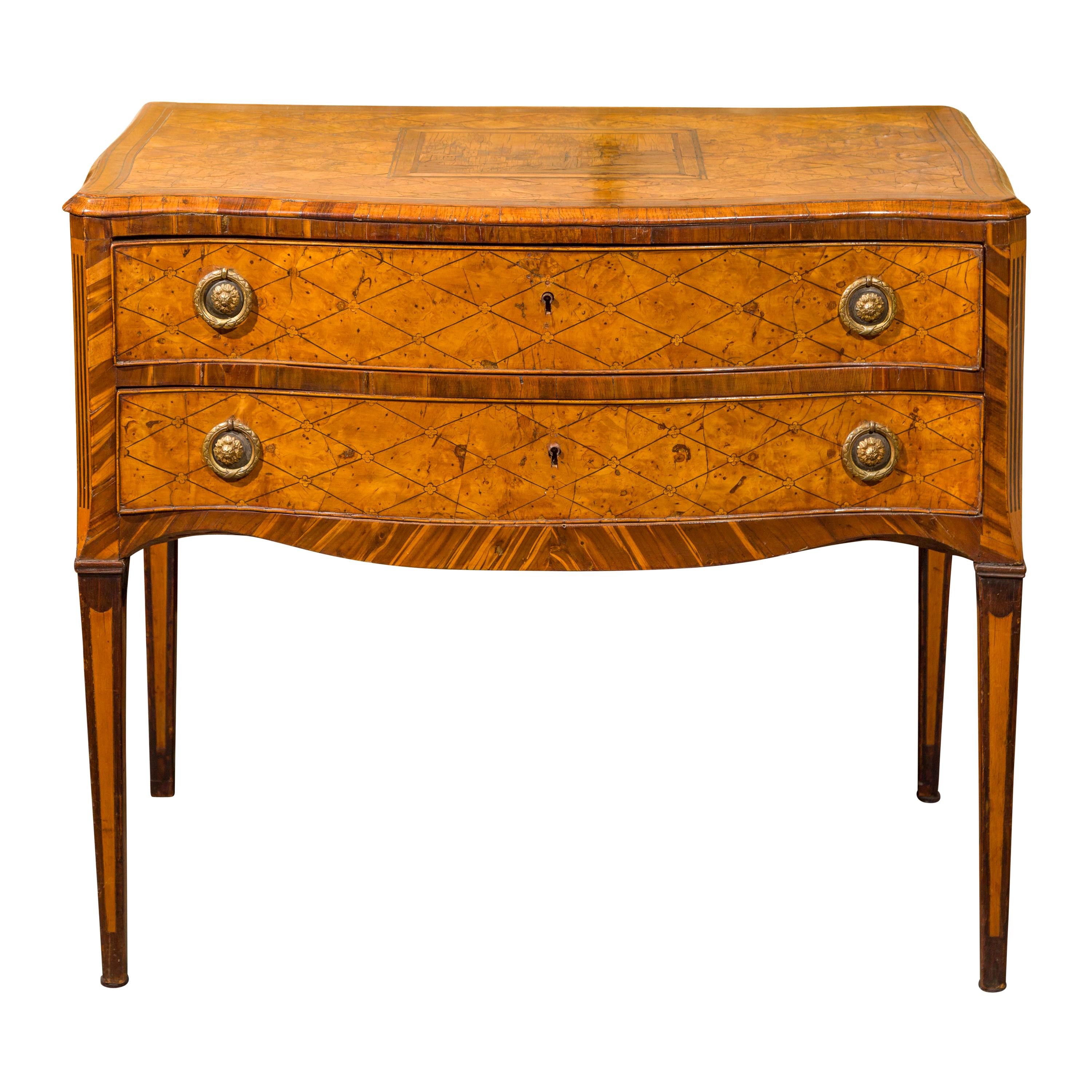 18th Century Italian Marquetry Top Chest with Two Drawers and Serpentine Front