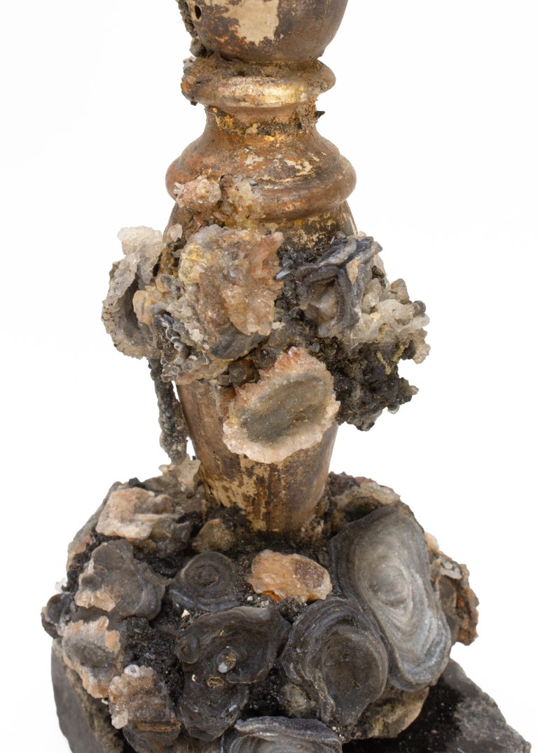 Hand-Carved 18th Century Italian Mecca Candlestick with Phantom Quartz & Chalcedony Rosettes For Sale
