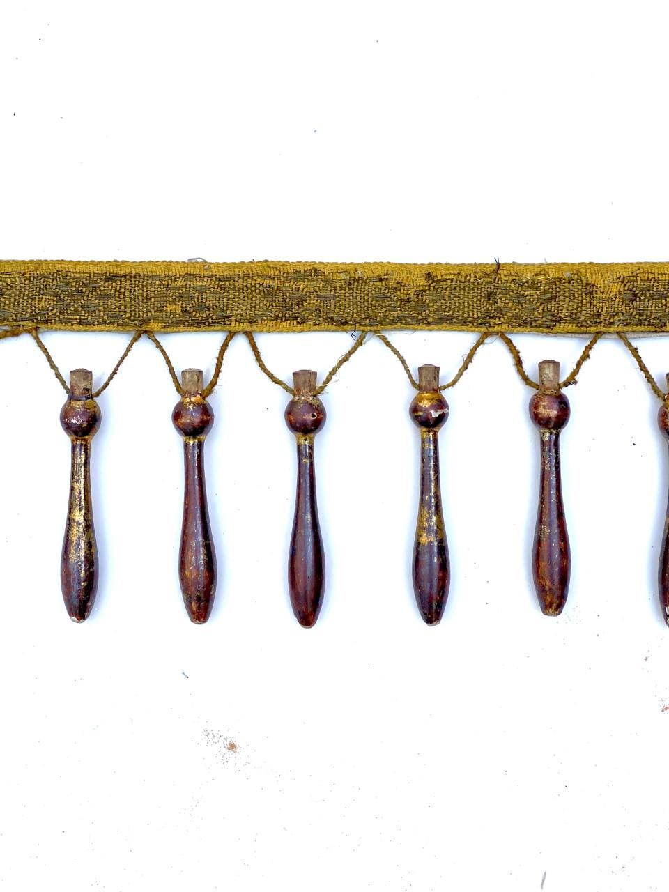 Hand-Painted 18th Century Italian Mecca Hand-Carved Tassels on an Antique Braid For Sale