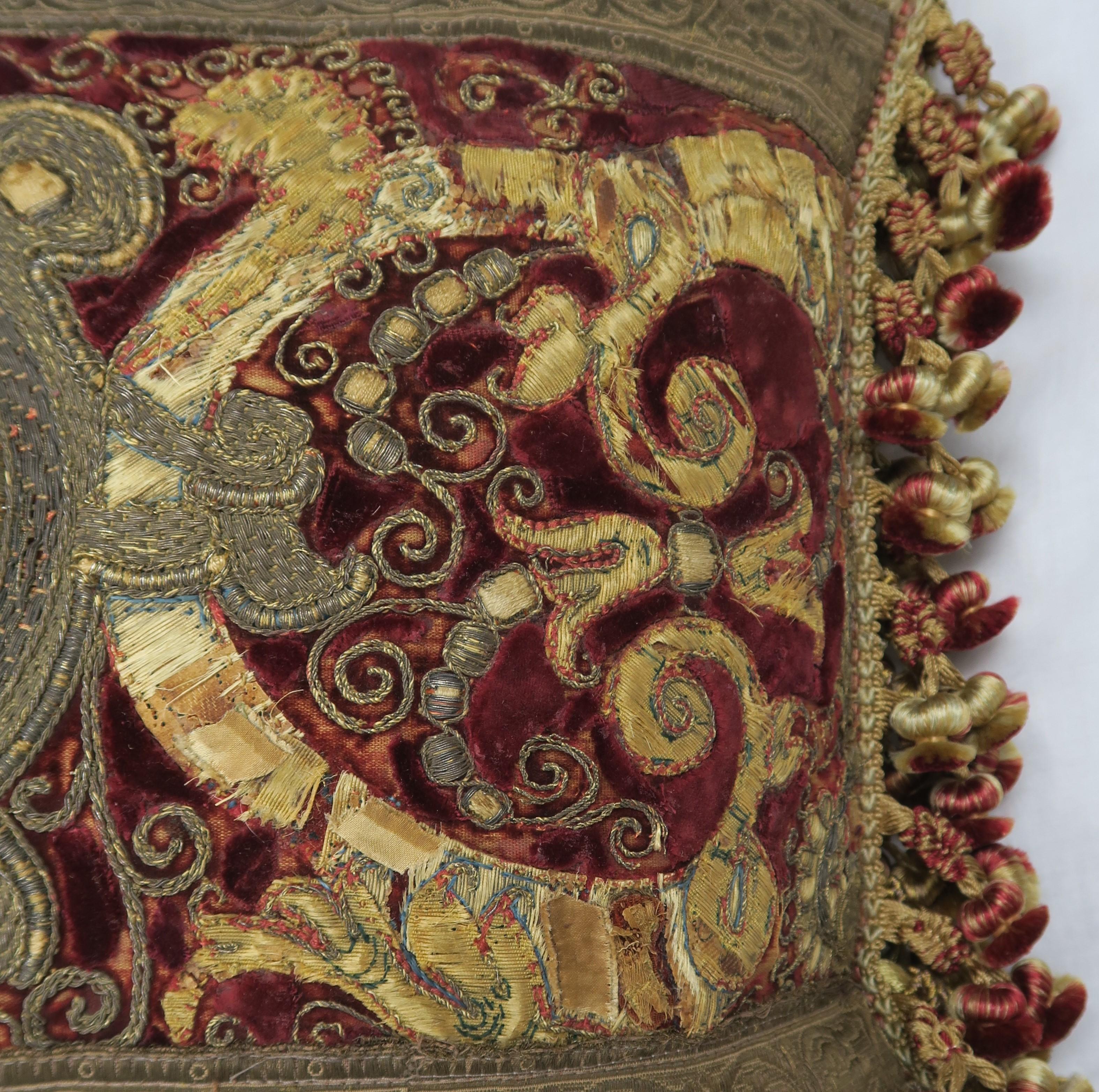 18th Century Italian Metallic Embroidered Velvet Pillow 1