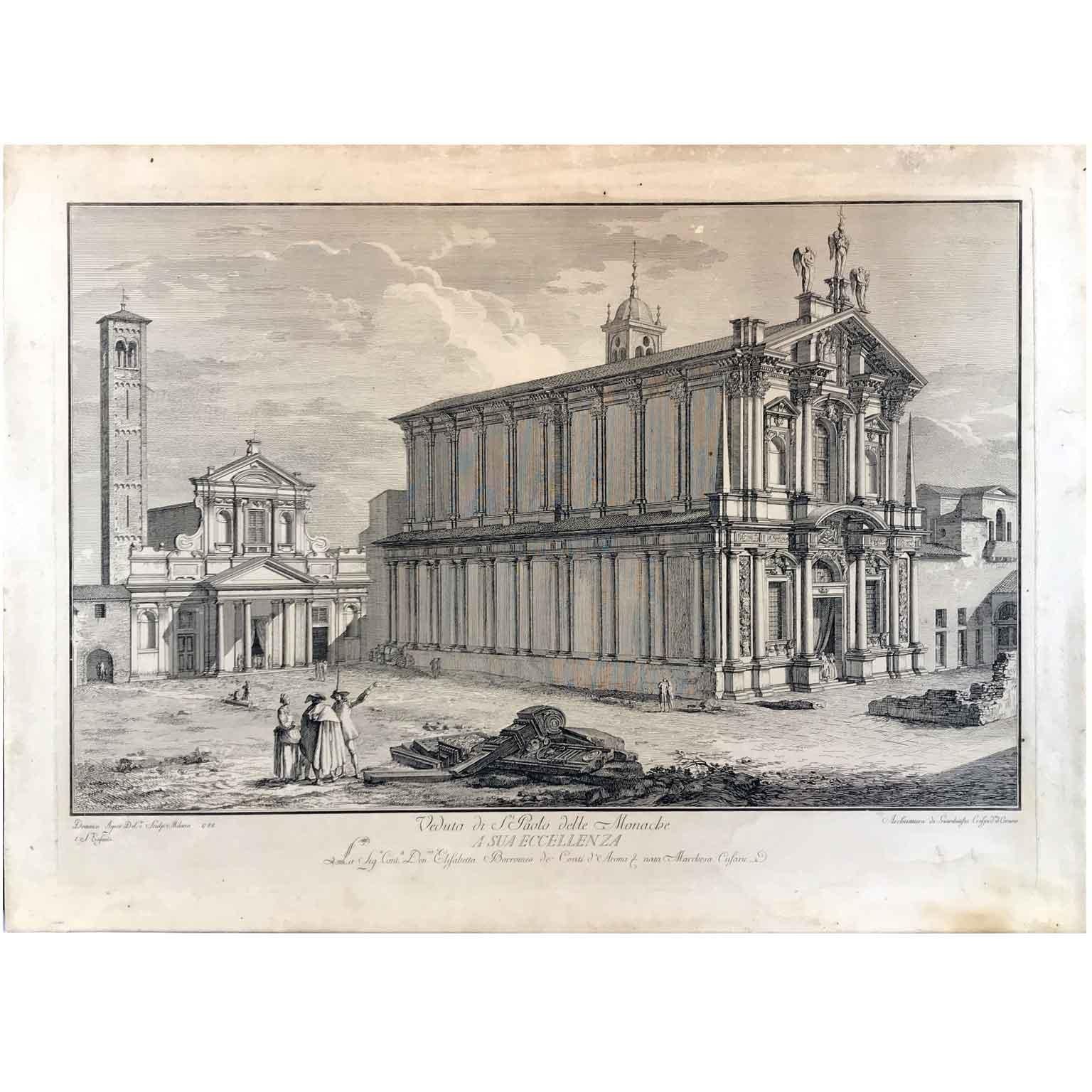 A rare view of Milan, an 18th century Italian etching and burin engraving with original ebonized walnut frame and glass depicting San Paolo delle Monache a Milan view, dated 1788, by Milanese engraver Aspari Domenico (Milan 1745-1831), an Italian