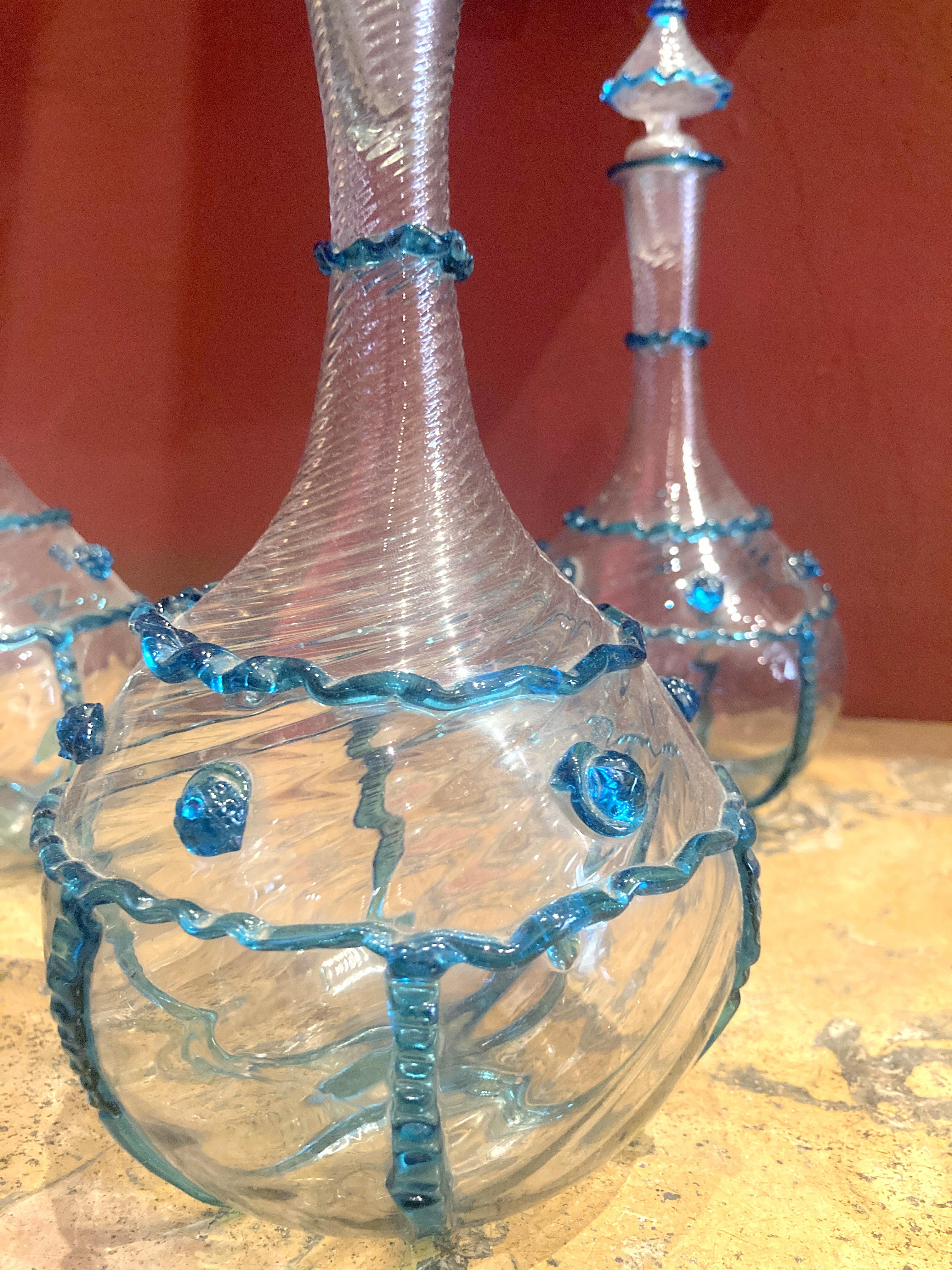 Art Glass 18th Century Italian Murano Clear Glass and Blue Trimmed Blown Glass Bottles For Sale