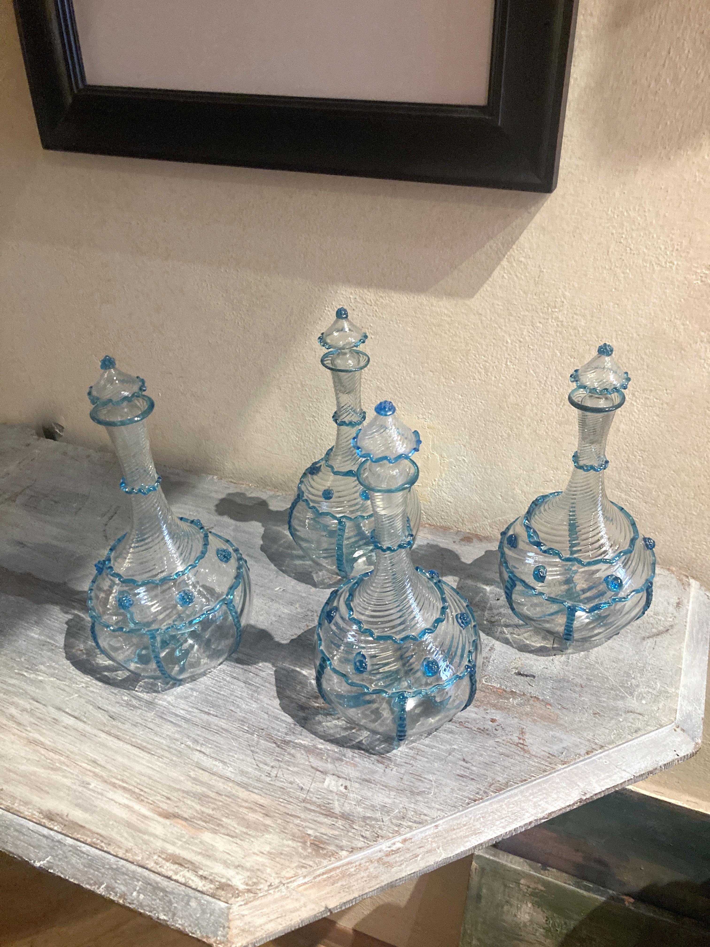 18th Century Italian Murano Clear Glass and Blue Trimmed Blown Glass Bottles For Sale 3