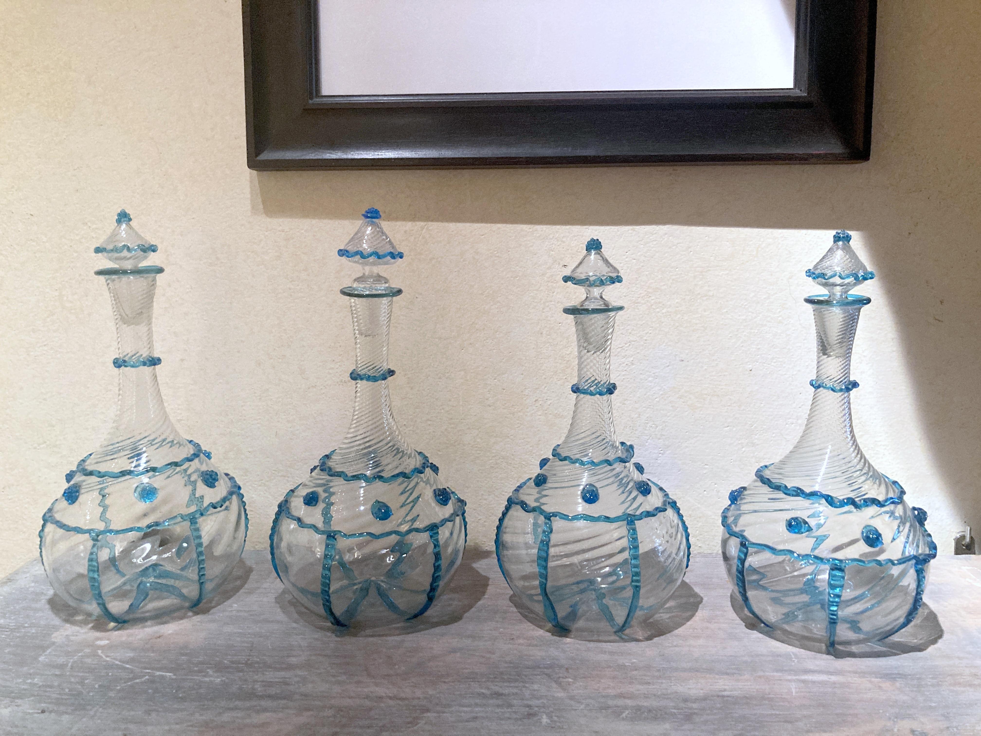 18th Century Italian Murano Clear Glass and Blue Trimmed Blown Glass Bottles For Sale 4