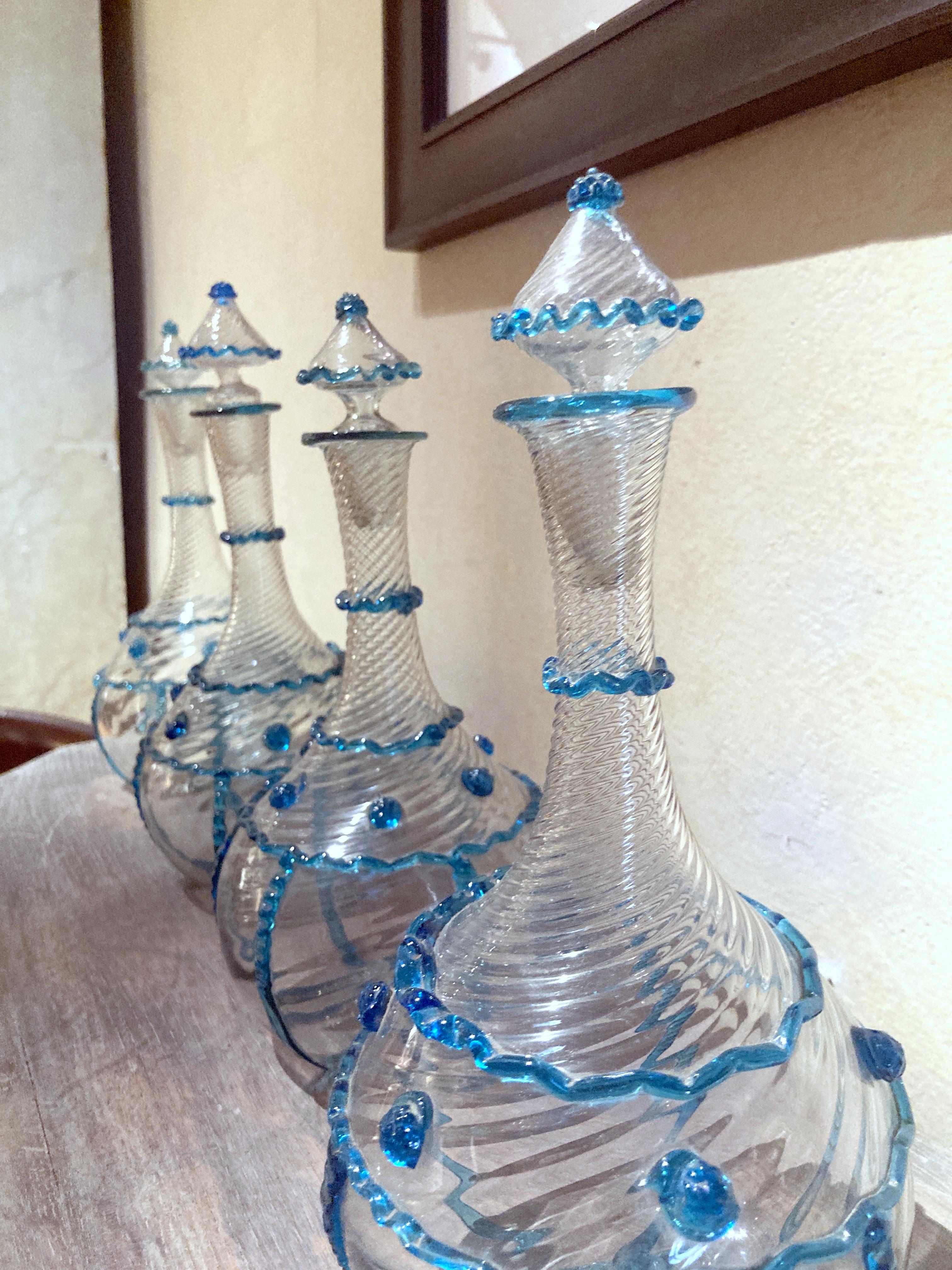 18th Century Italian Murano Clear Glass and Blue Trimmed Blown Glass Bottles For Sale 4