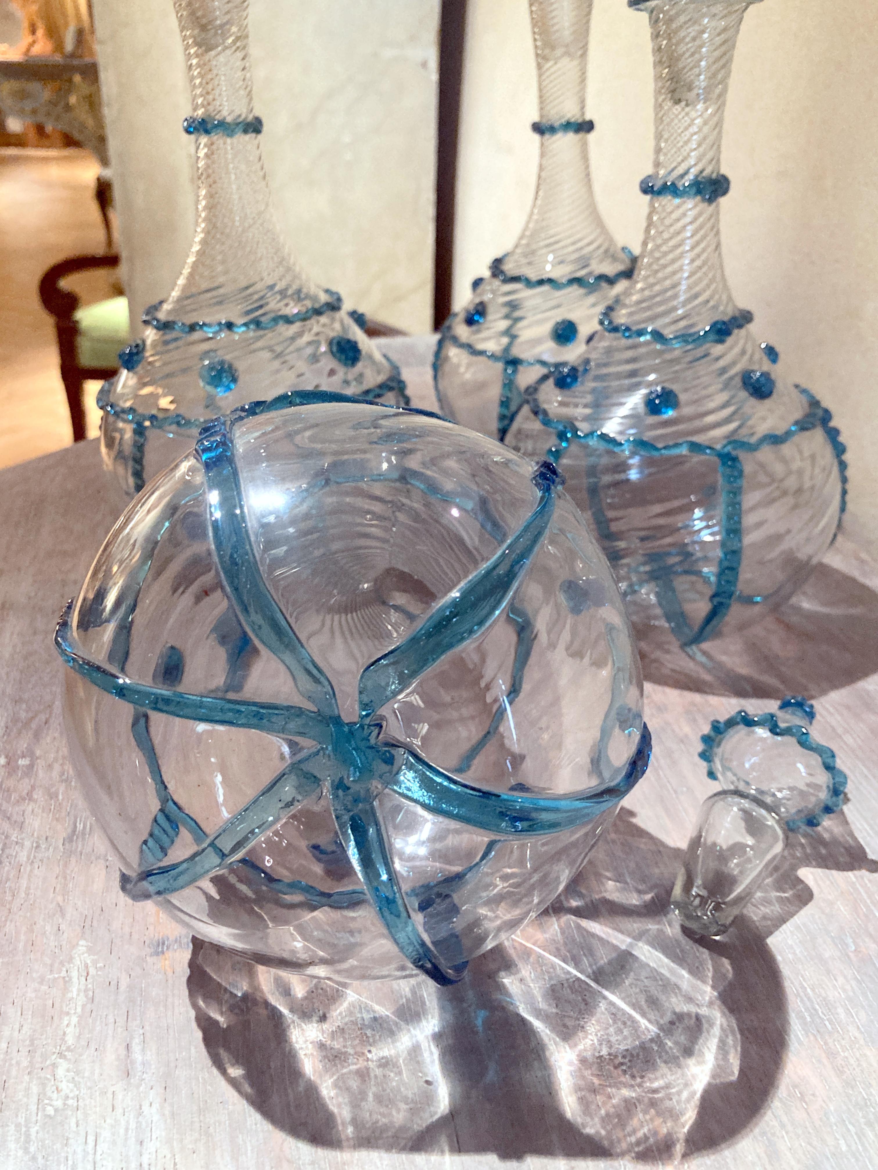 18th Century Italian Murano Clear Glass and Blue Trimmed Blown Glass Bottles For Sale 7