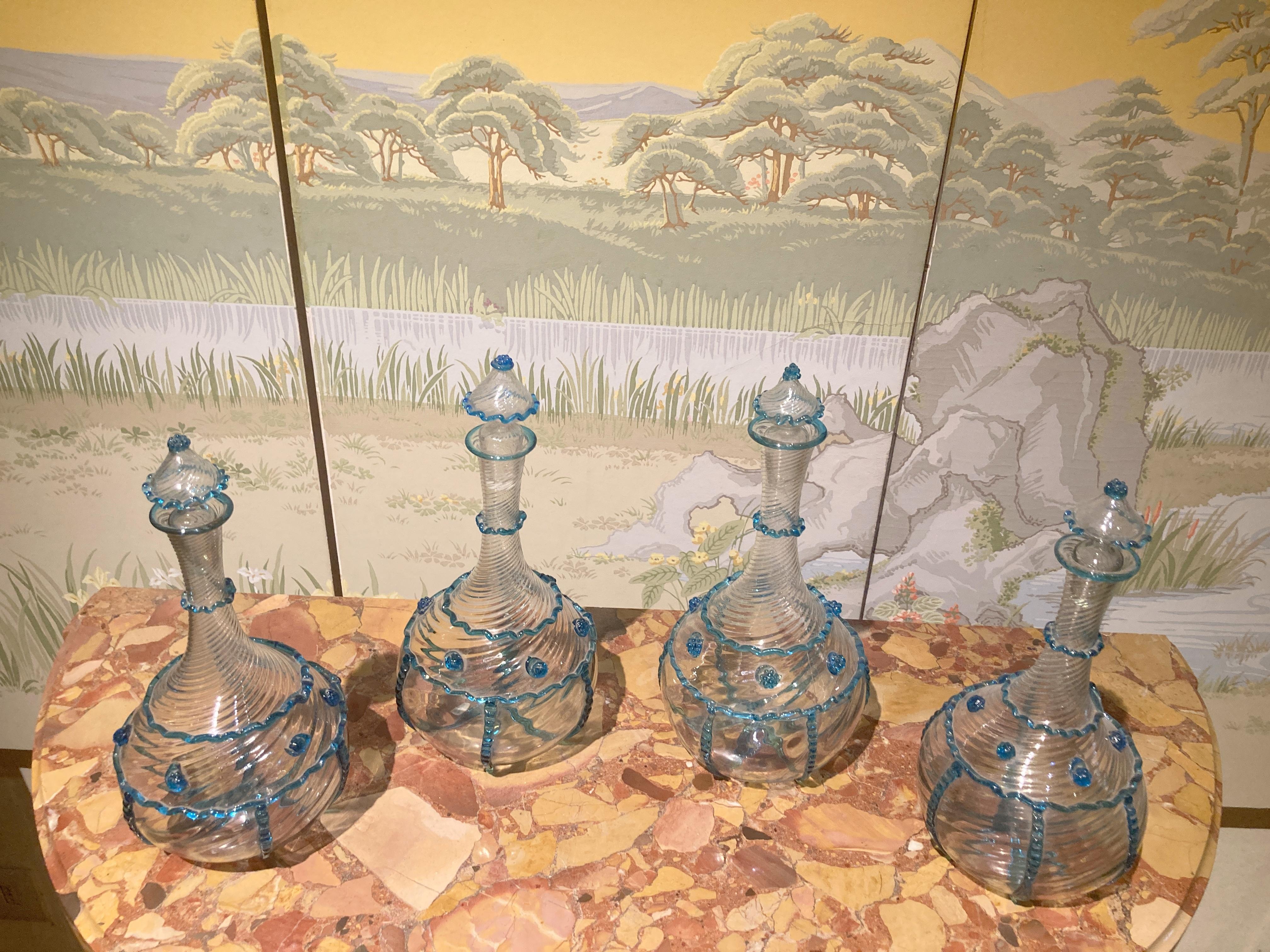18th Century Italian Murano Clear Glass and Blue Trimmed Blown Glass Bottles For Sale 8