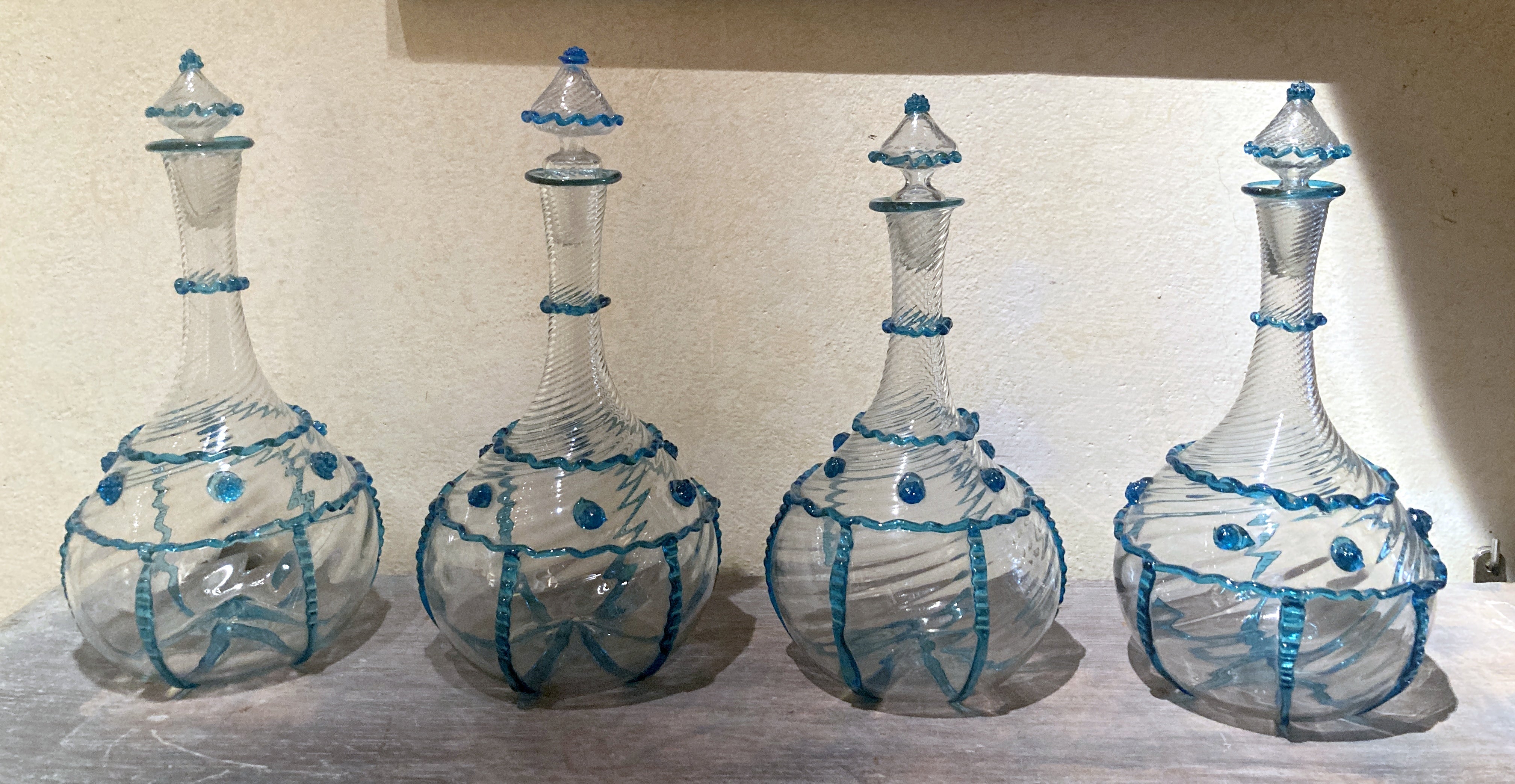 18th Century Italian Murano Clear Glass and Blue Trimmed Blown Glass Bottles
