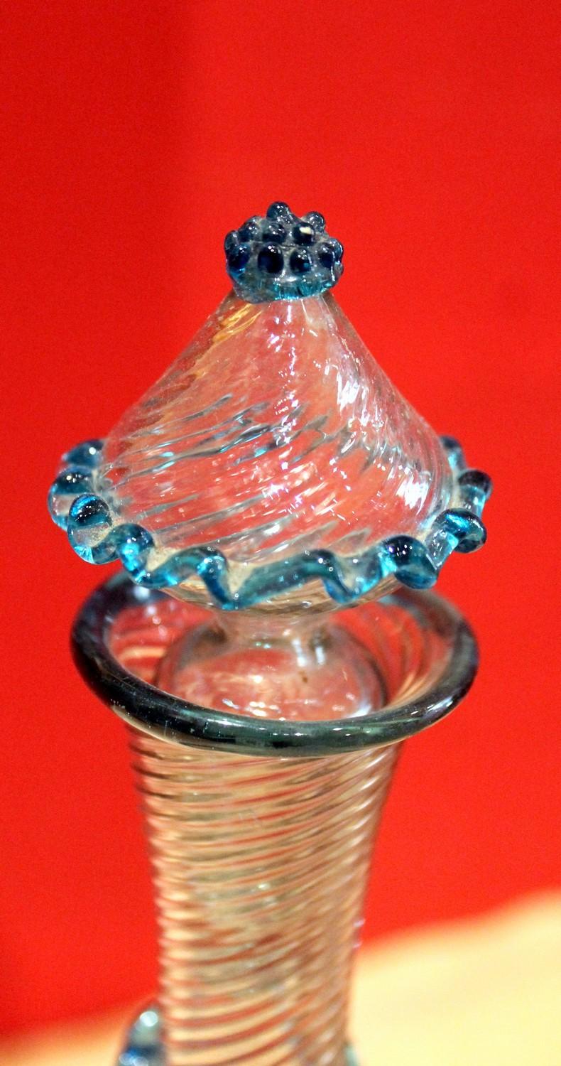 18th Century and Earlier 18th Century Italian Murano Clear Glass and Blue Trimmed Blown Glass Bottles For Sale