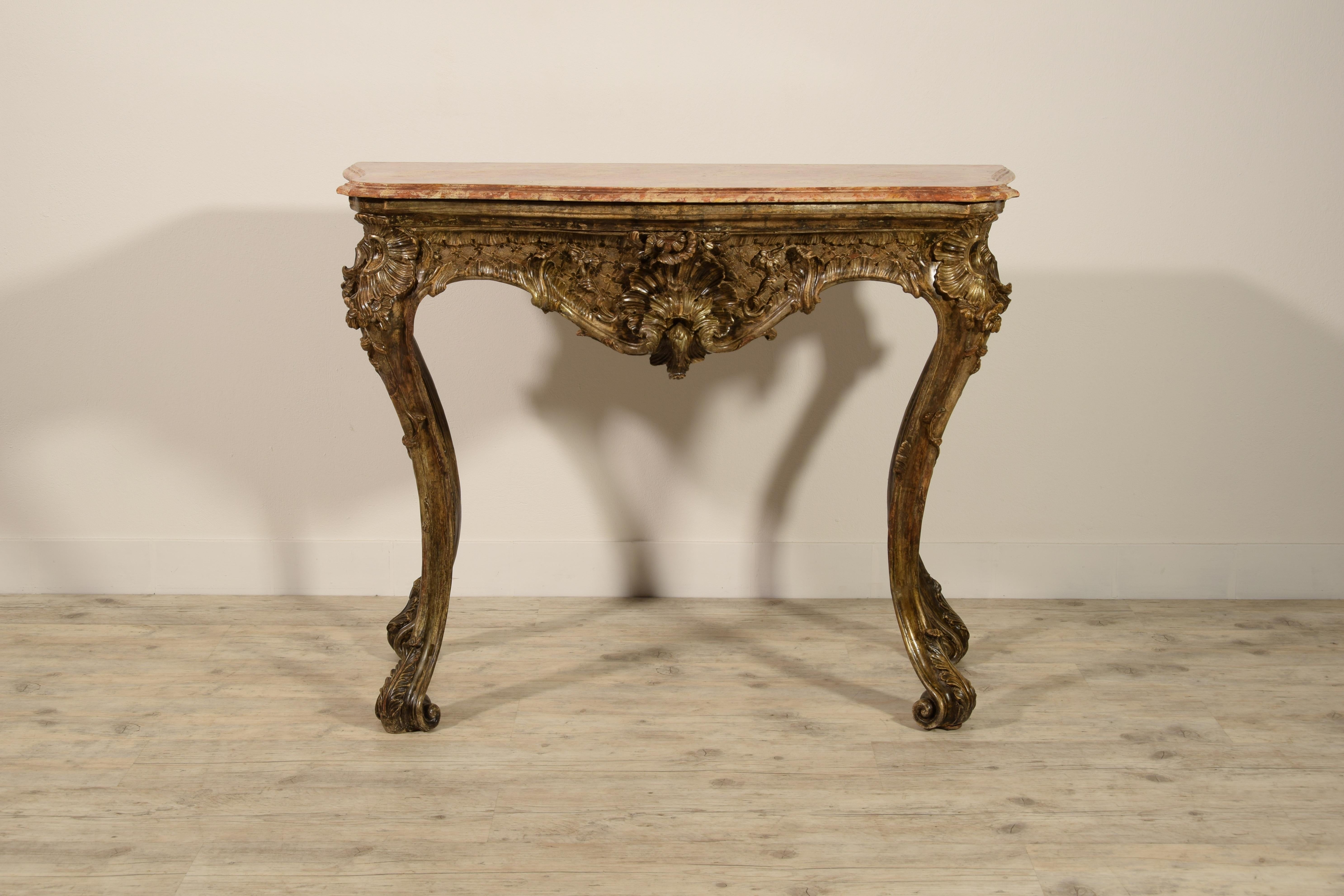 Hand-Carved 18th Century, Italian Naples Baroque Carved Wood Console For Sale