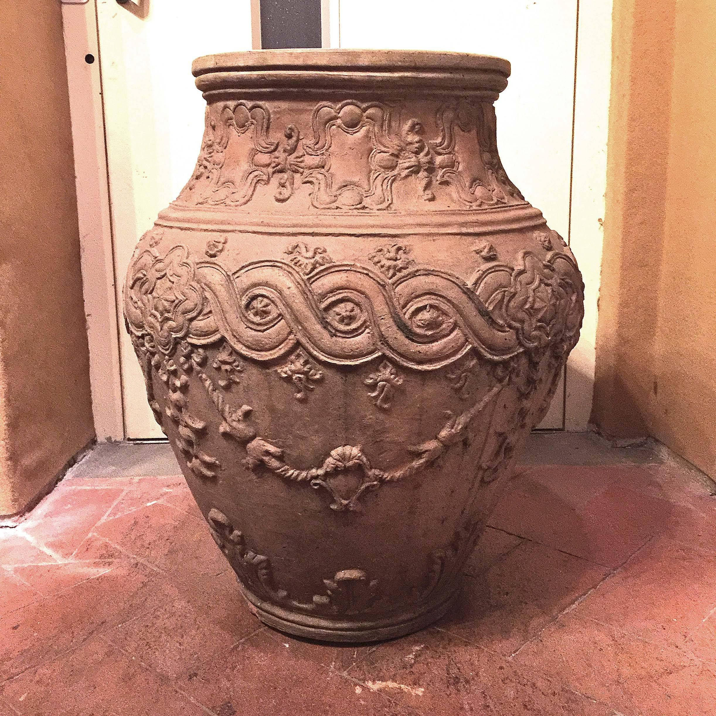 18th Century Italian Naples Outdoor Carvin Terracotta Antique Jar For Sale 1
